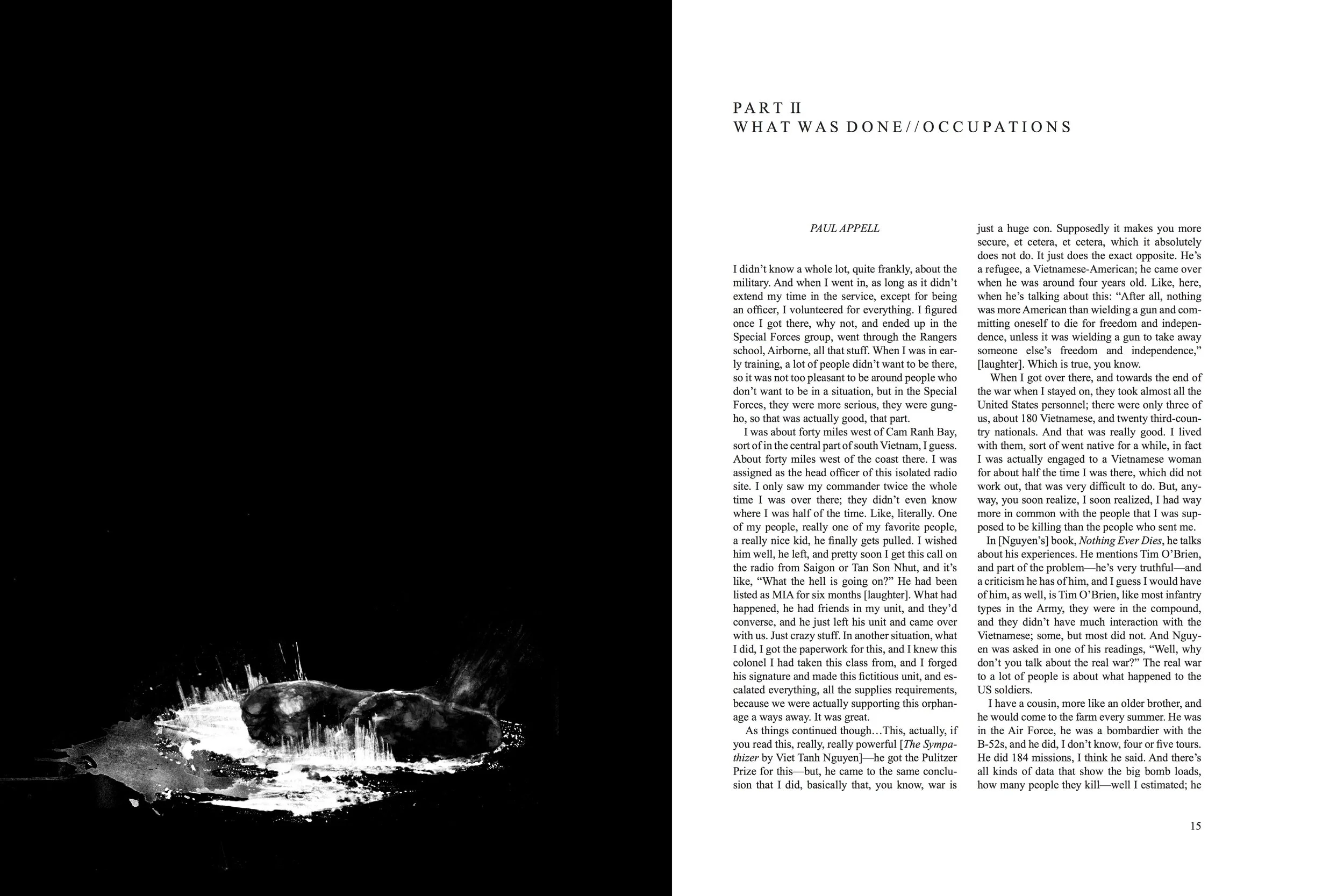 Alt Text: Left page; on all black background, towards bottom of page is white ink drawing of what appears to be a pair of bare feet laying sideways in a patch of grass, a small pool of liquid trailing from them. The owner of the feet unseen in the da