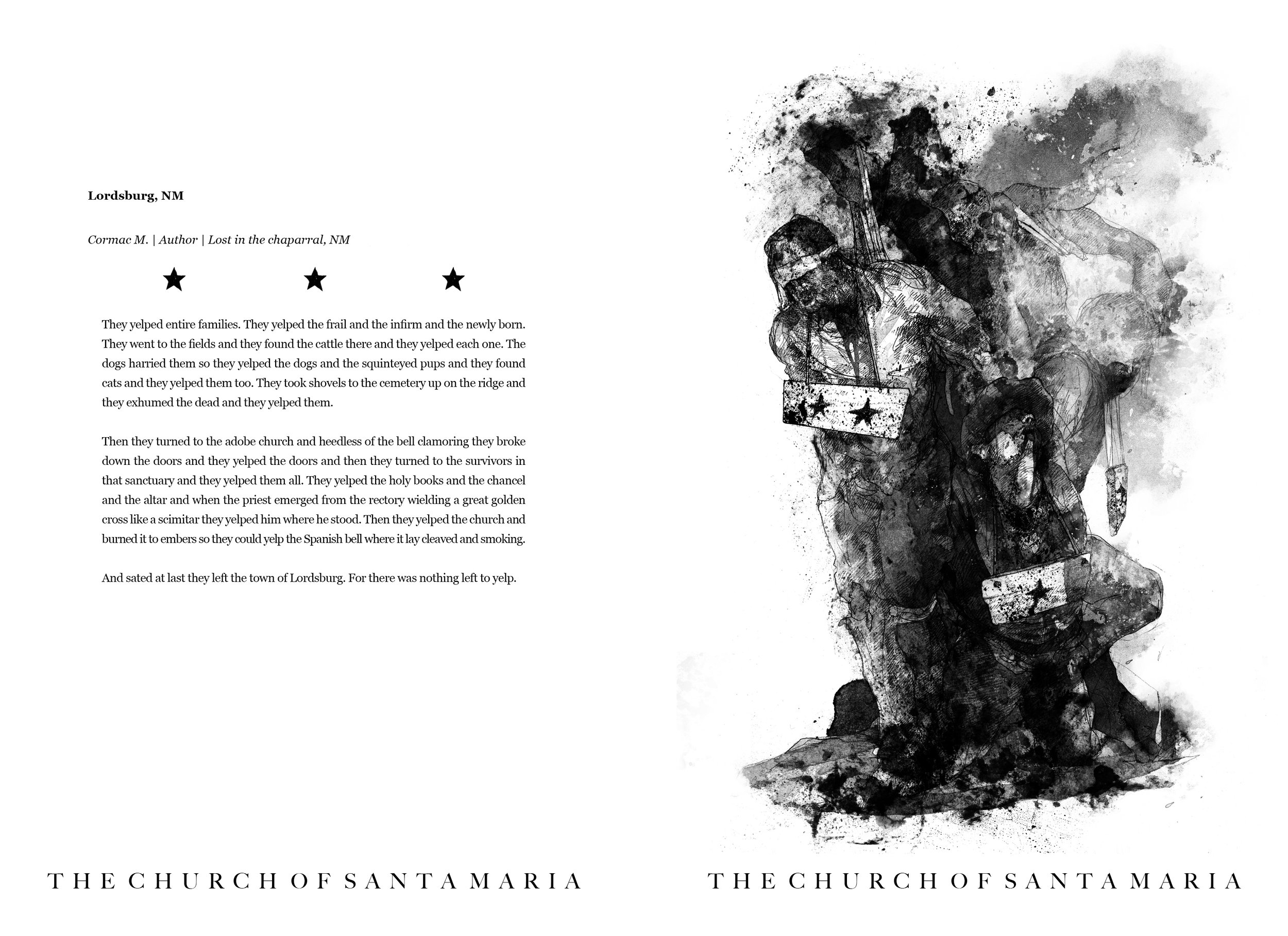 Alt Text: Ink and graphite, full page drawing of three executed men, bound in various postures to a blackened tree. A wooden sign has been hung around the neck of each man, each sign bearing a number of crudely painted stars.