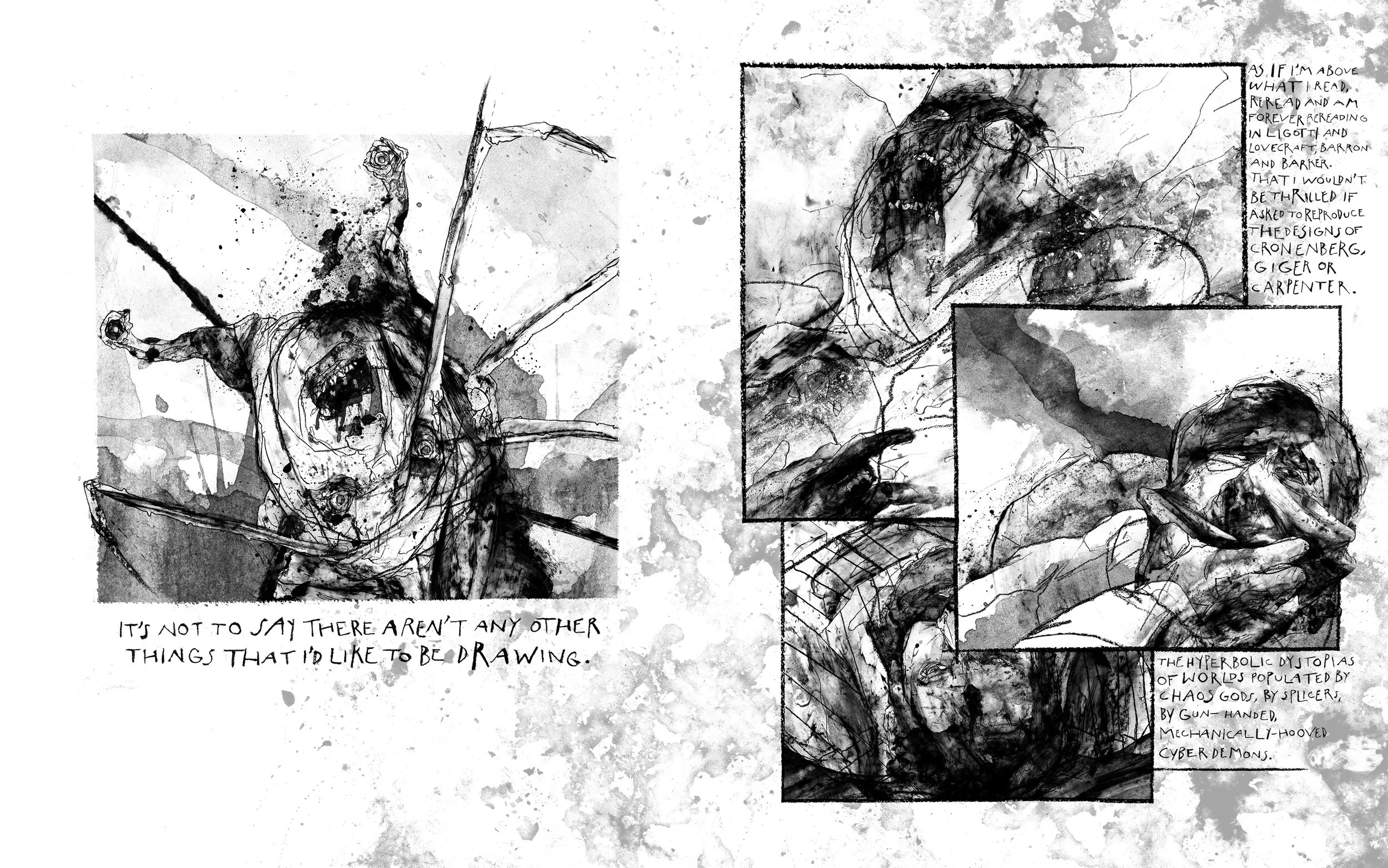 Alt Text: Left page, square frame in center of page depicts a human head, screaming, upside down, sprouting insectoid legs. Two eyes on stalks emerge from neck of head. Right page, three frames, overlaid, depict the remains of a body wearing glasses 