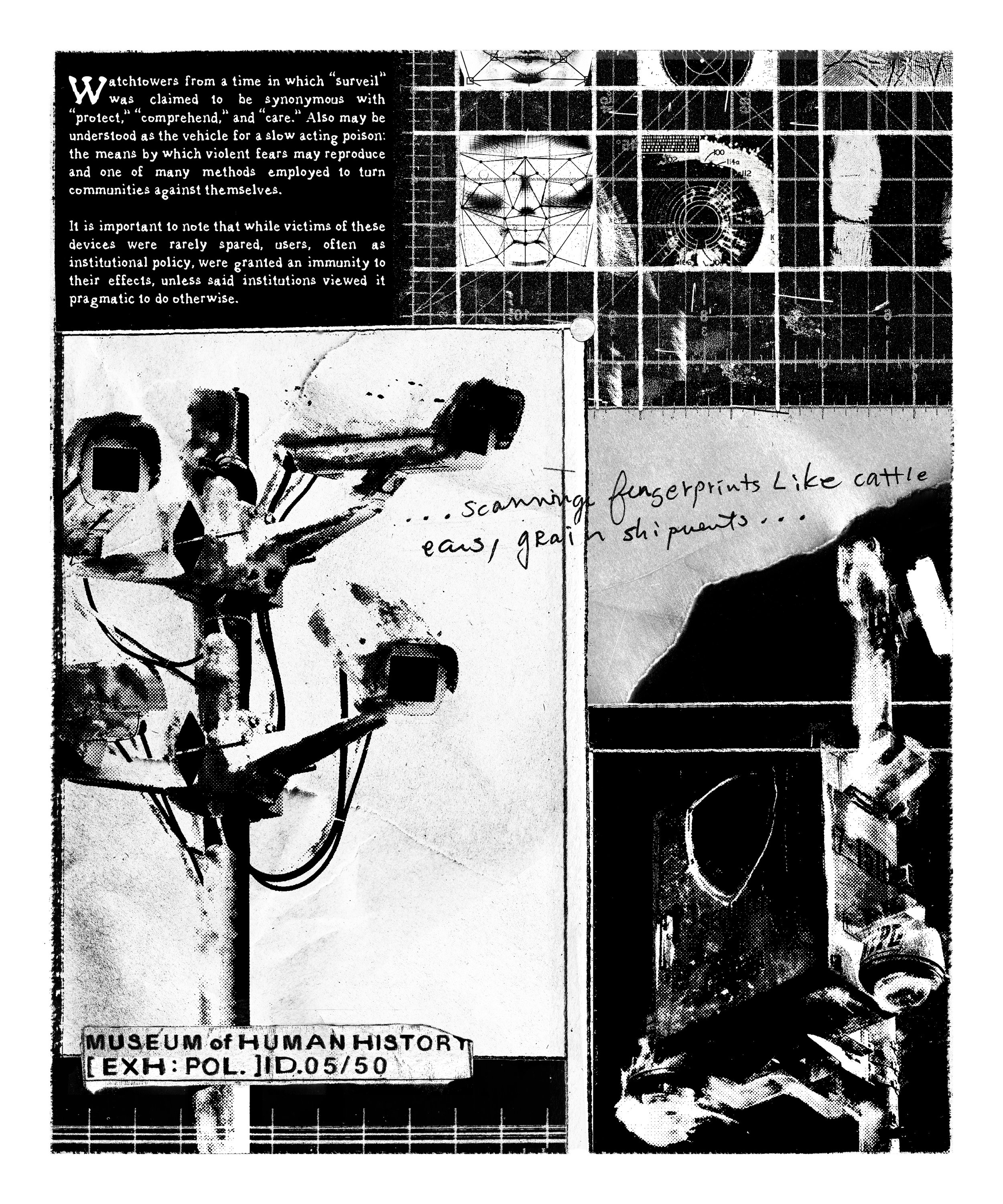 Alt Text: Upper third of page contains block of text on left, and on right, gridded lines with images of facial, retinal, and thumbprint scans. Beneath this is torn sheet of paper with handwritten text. Majority of page's remainder taken up by black
