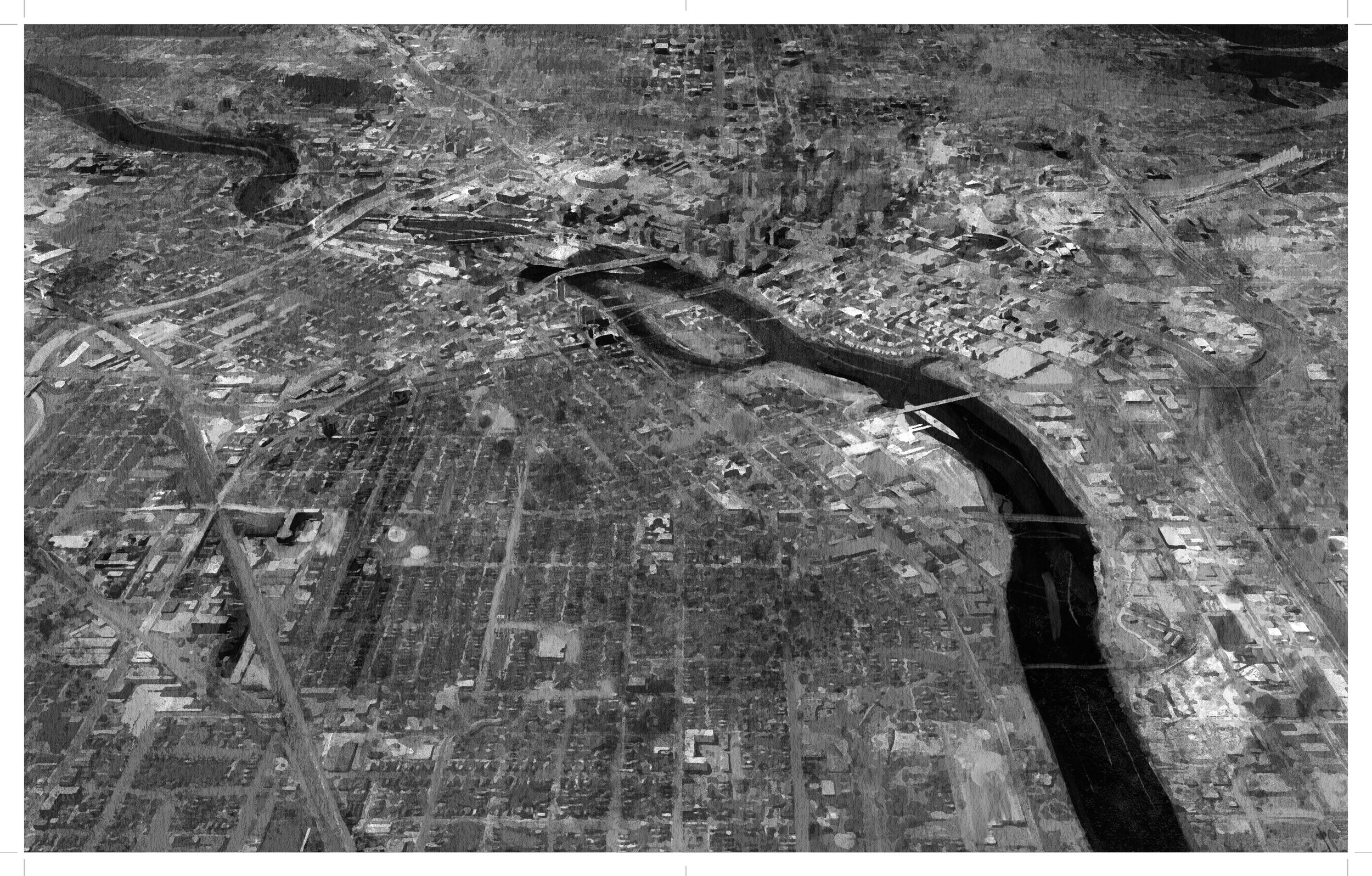 Alt Text: Endpaper cover interior spread. Far off, satellite view of Minneapolis from north end of the city; the Mississippi River is visible, meandering from upper left corner of left page to lower right of right page.