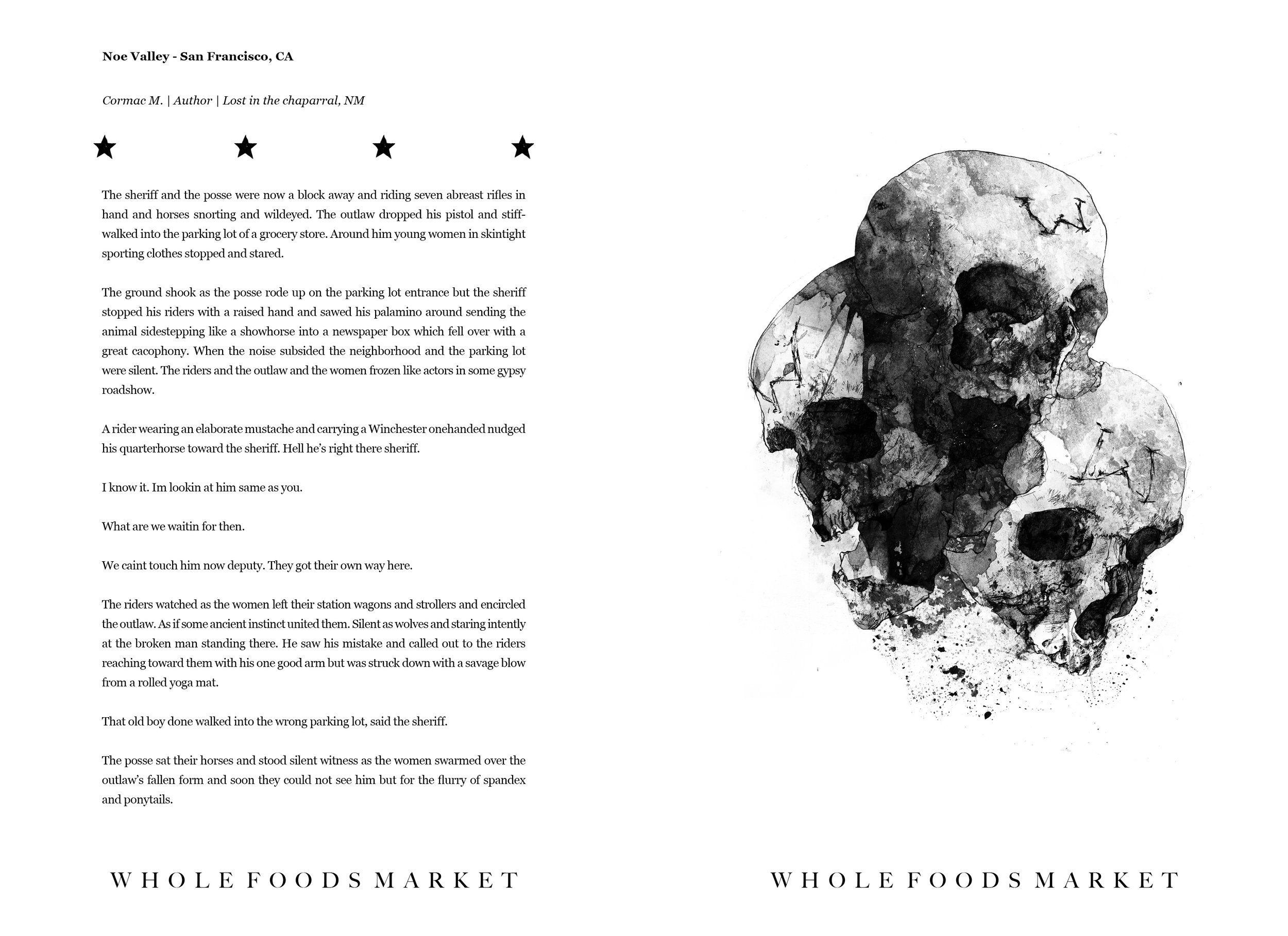 Alt Text: Ink and graphite, full page drawing of three human skulls in various stages of decay. Each skull has the letter "W" etched into its forehead.
