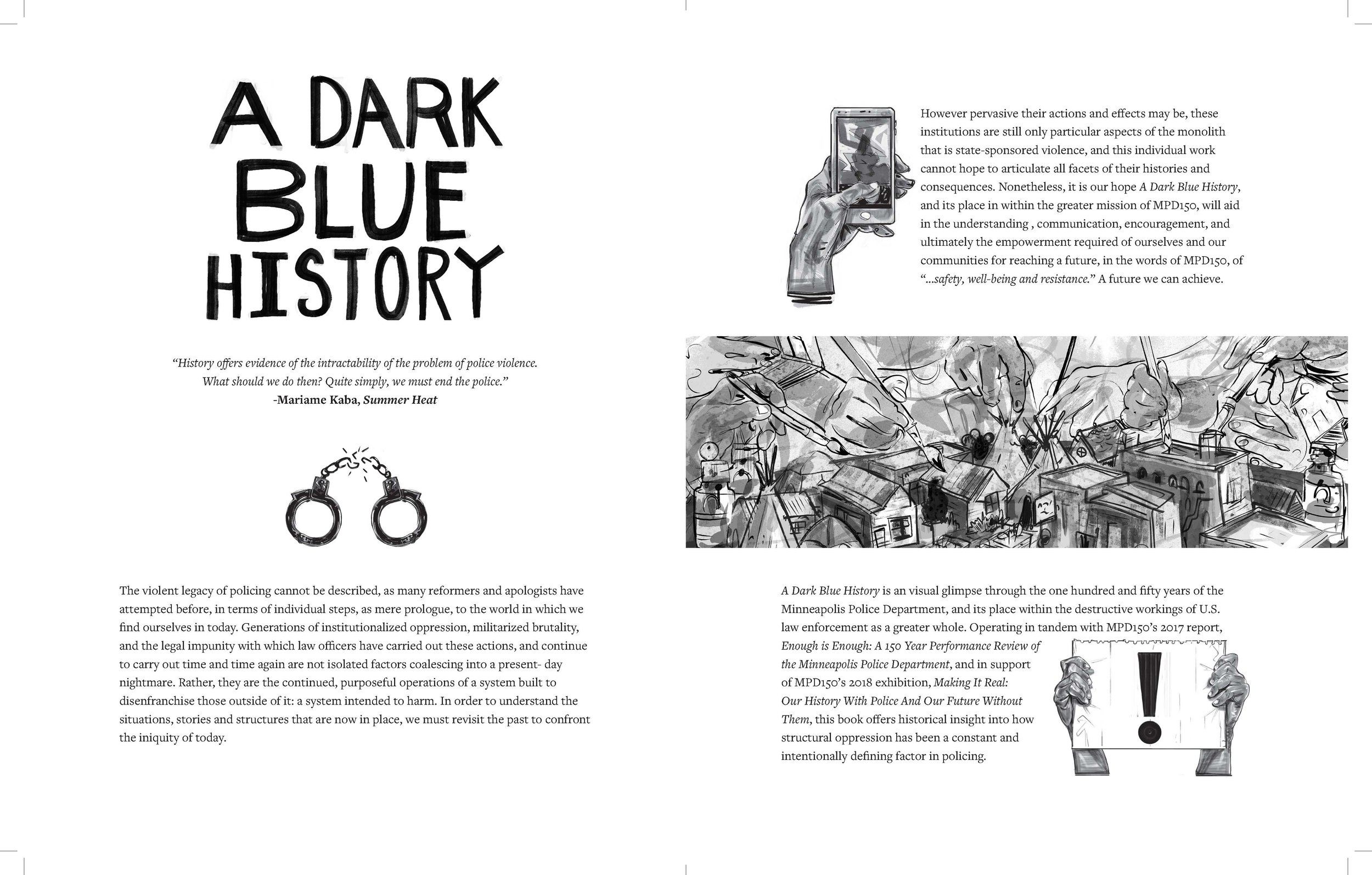 Alt Text: Left page; introduction text with handwritten title repeated at top of page, punctuated with small drawing of handcuffs. Right page; first block of text punctuated by drawing of hand with phone, middle of page shows a group of hands buildin