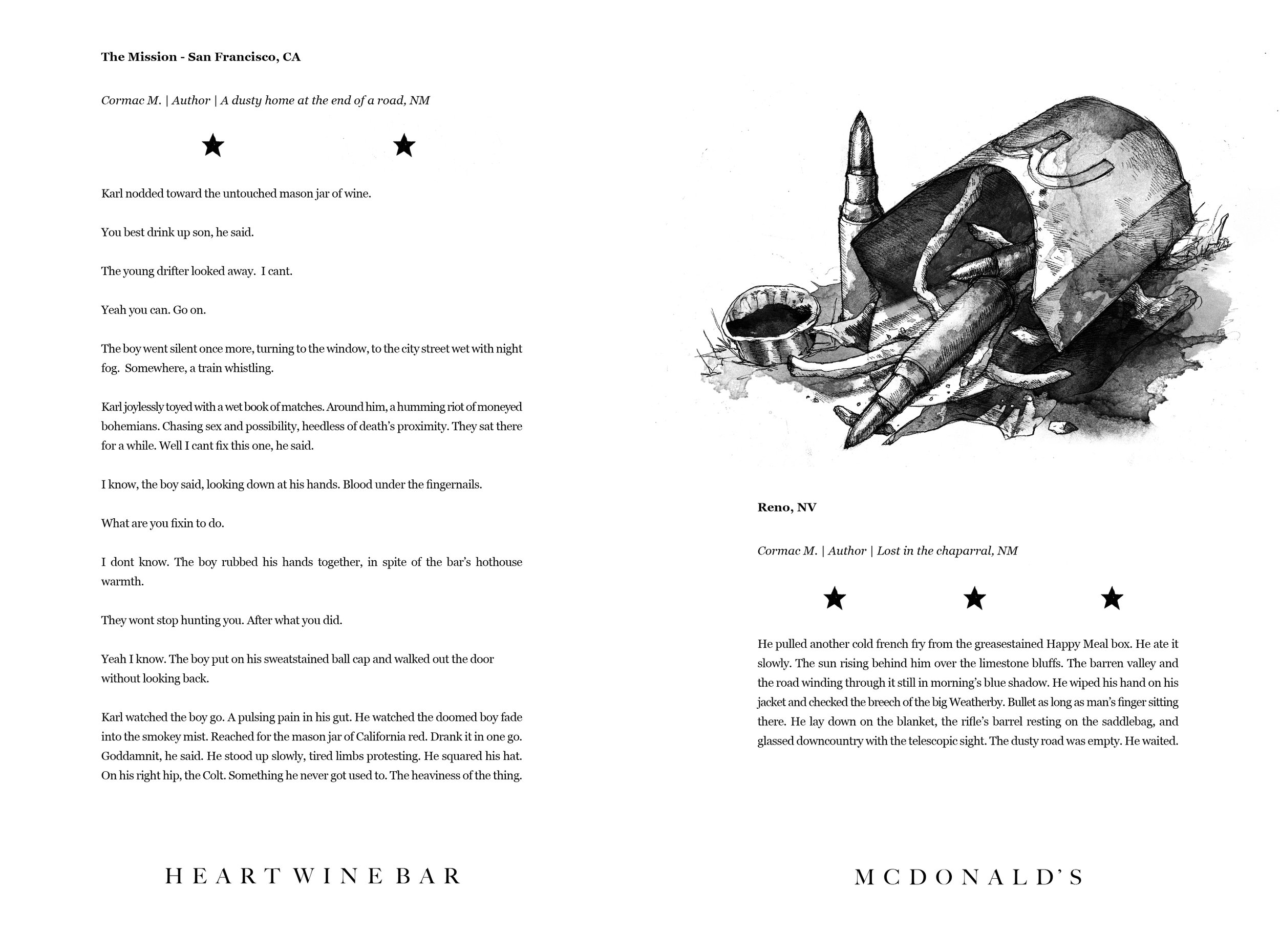 Alt Text: Ink and graphite, half-page drawing of close-up view of near-empty container of McDonald's fries. Visible amongst the remaining fries and spilled ketchup are two, high-caliber bullets.