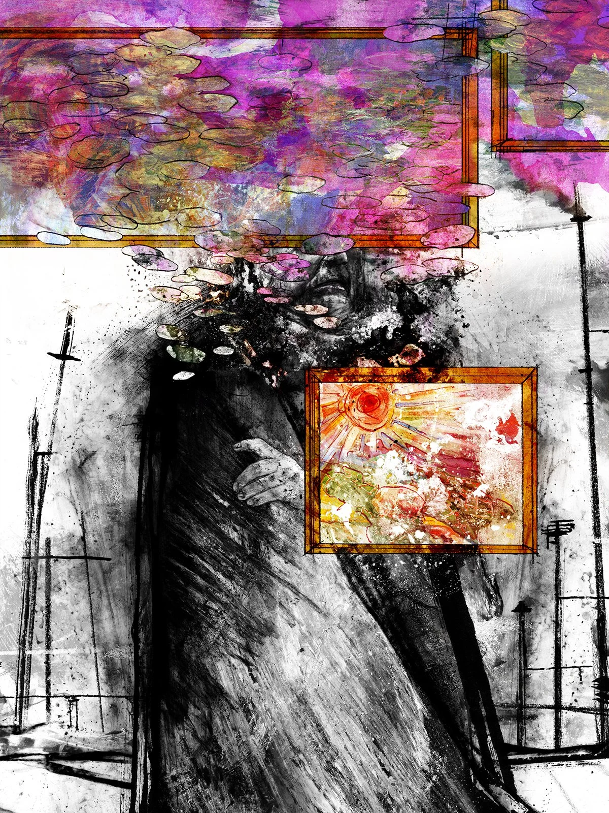 Alt Text: Greyscale figure wrapped in blanket, standing in desolate landscape. Figure is partially obscured by bright, multicolored, framed Monet and Magritte paintings.