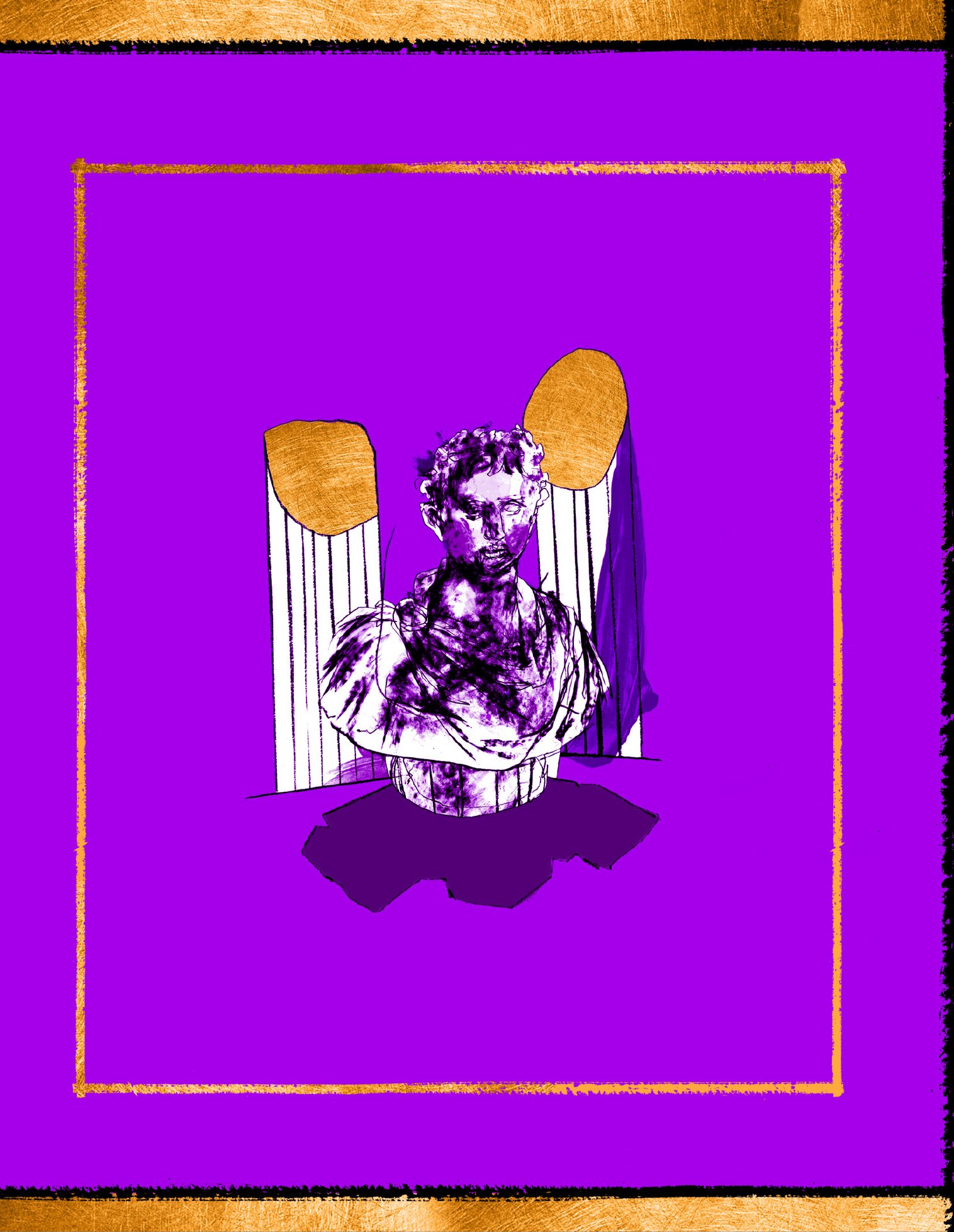 Alt Text: Back cover. Bright purple cover containing thin, gold, rectangular frame. Within frame is Roman bust drawing, now drawn in whites and purples, the broken columns capped with gold. The change in color reveals the bust's face as crudely done