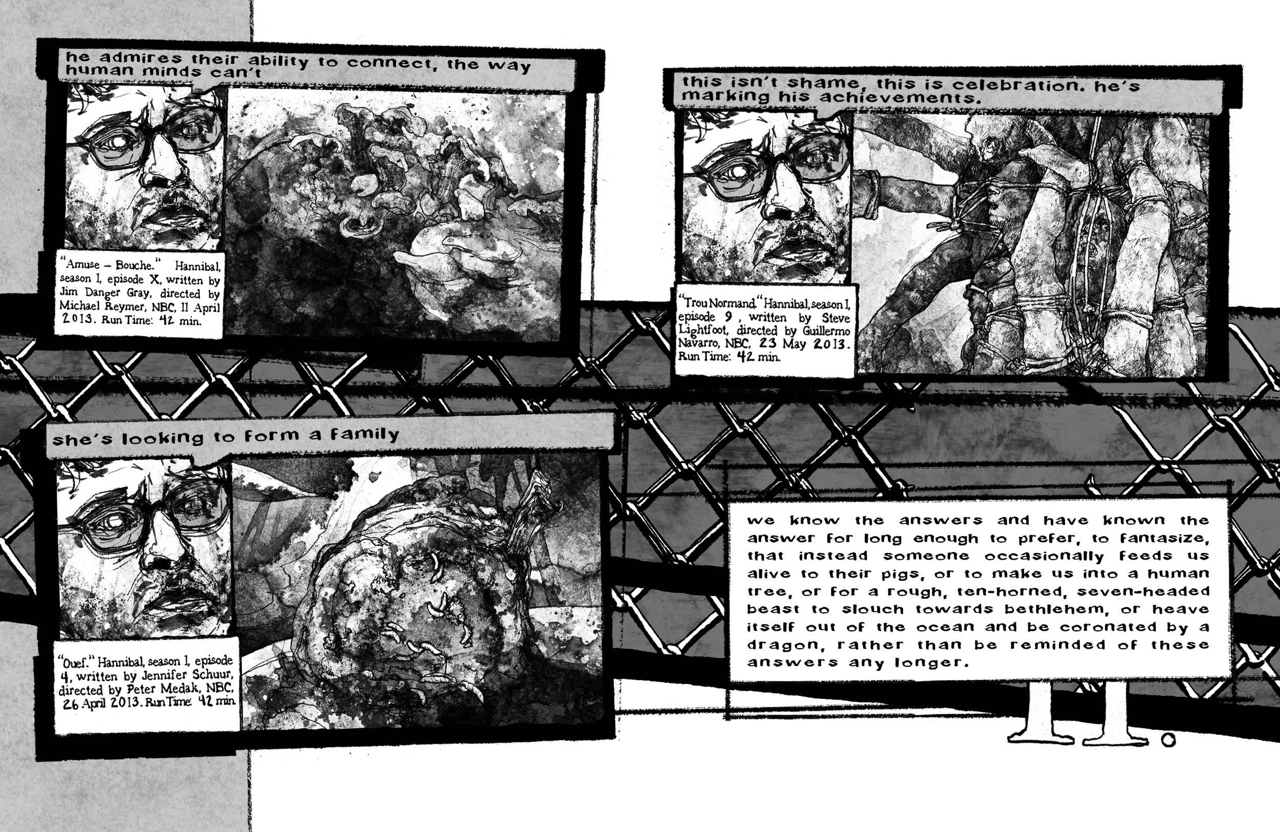 Alt Text: Spread is organized in layout similar to prior spread. Again, four panels, with three panels split into two frames each, each panel with both a closeup of Hugh Dancy's face and, respectively, a body covered in toadstools, a column of limbs