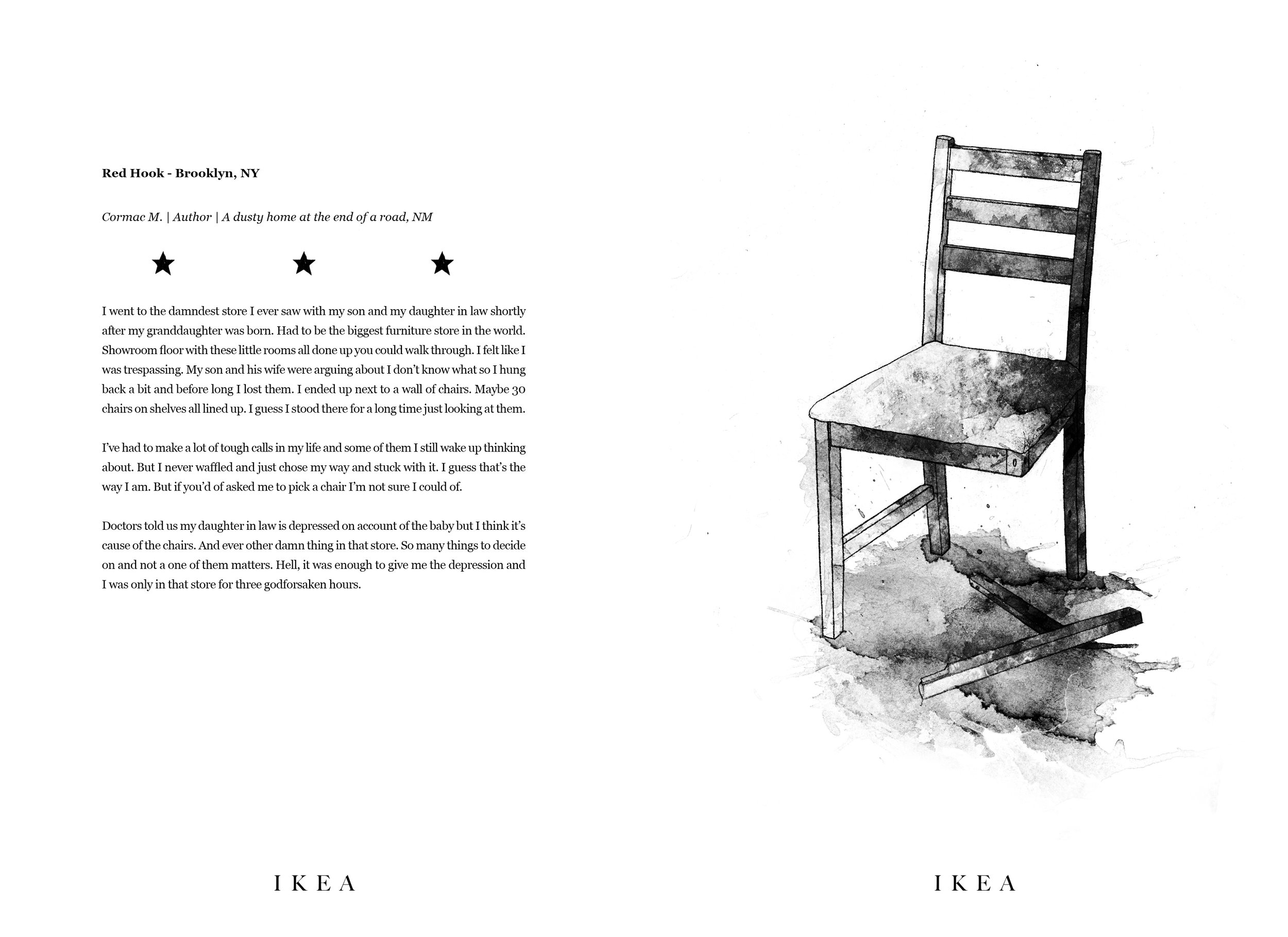 Alt Text: Ink and graphite, full page drawing of single, wooden IKEA chair standing on three legs. Beneath the chair its fourth lies on the ground, dark with shadow or an ominous liquid.