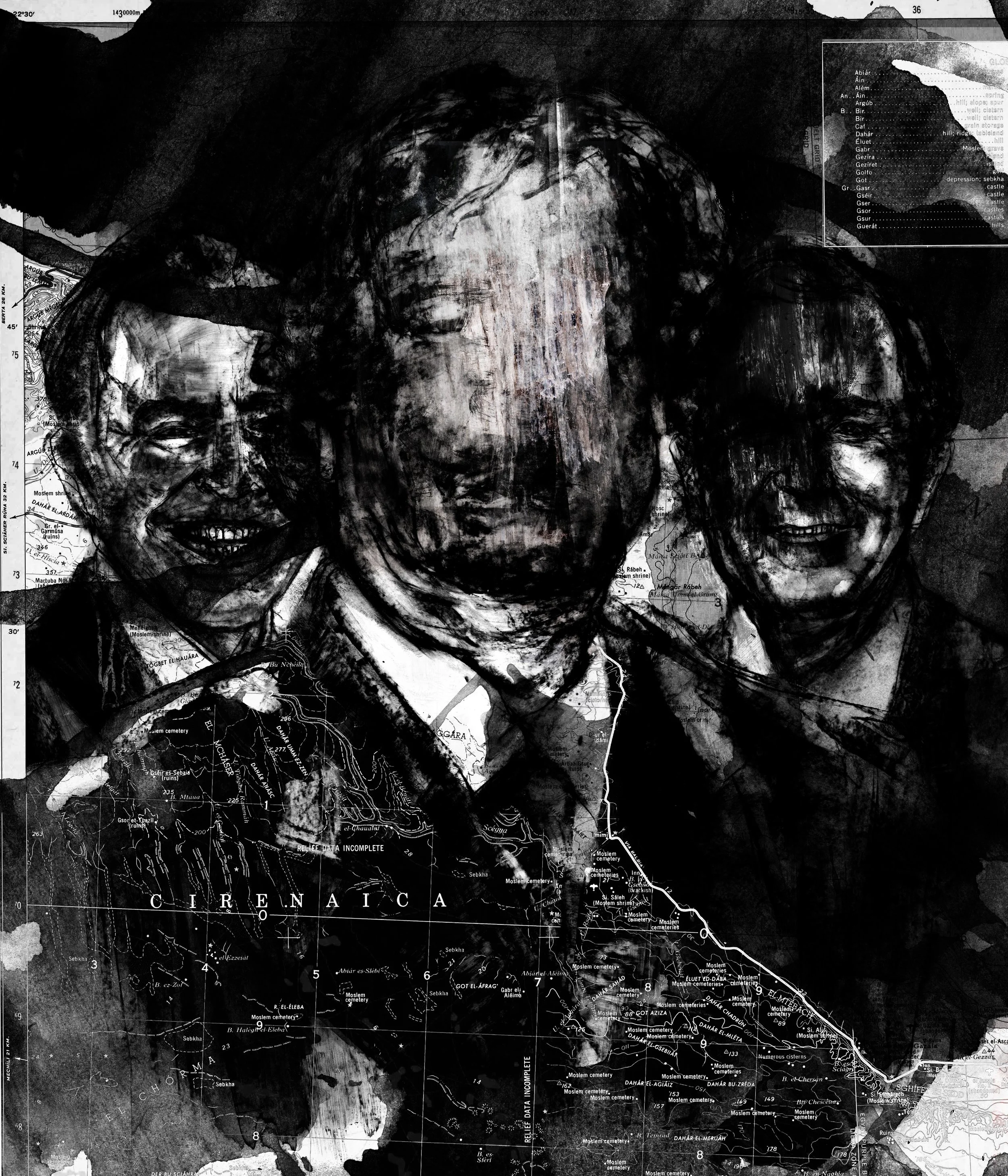Alt Text: Black and white portraits done in graphite and painted/spilled ink over military map of Libya. Three figures, one in front, Muammar Gaddafi, flanked by Tony Blair and George W. Bush, are realistically painted, but with intensely scratched l