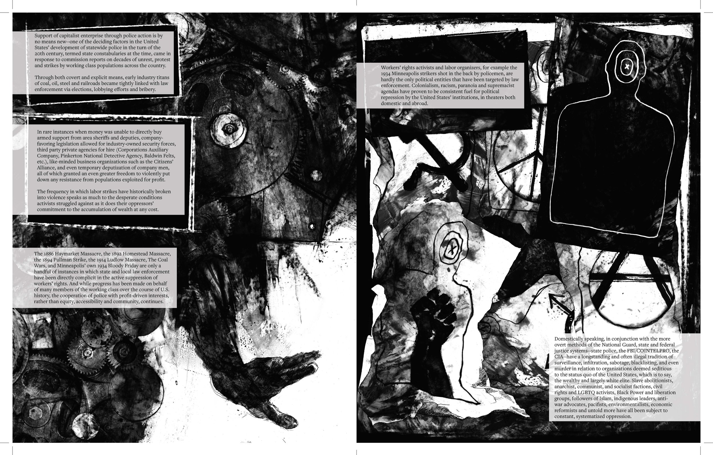 Alt Text: Left page; page dominated by mass of filthy gears and interlocked pieces of machinery. In bottom right, an outstretched hand can be seen desperately reaching out from mass. Right page; scattered across page are sheets of target practice pap