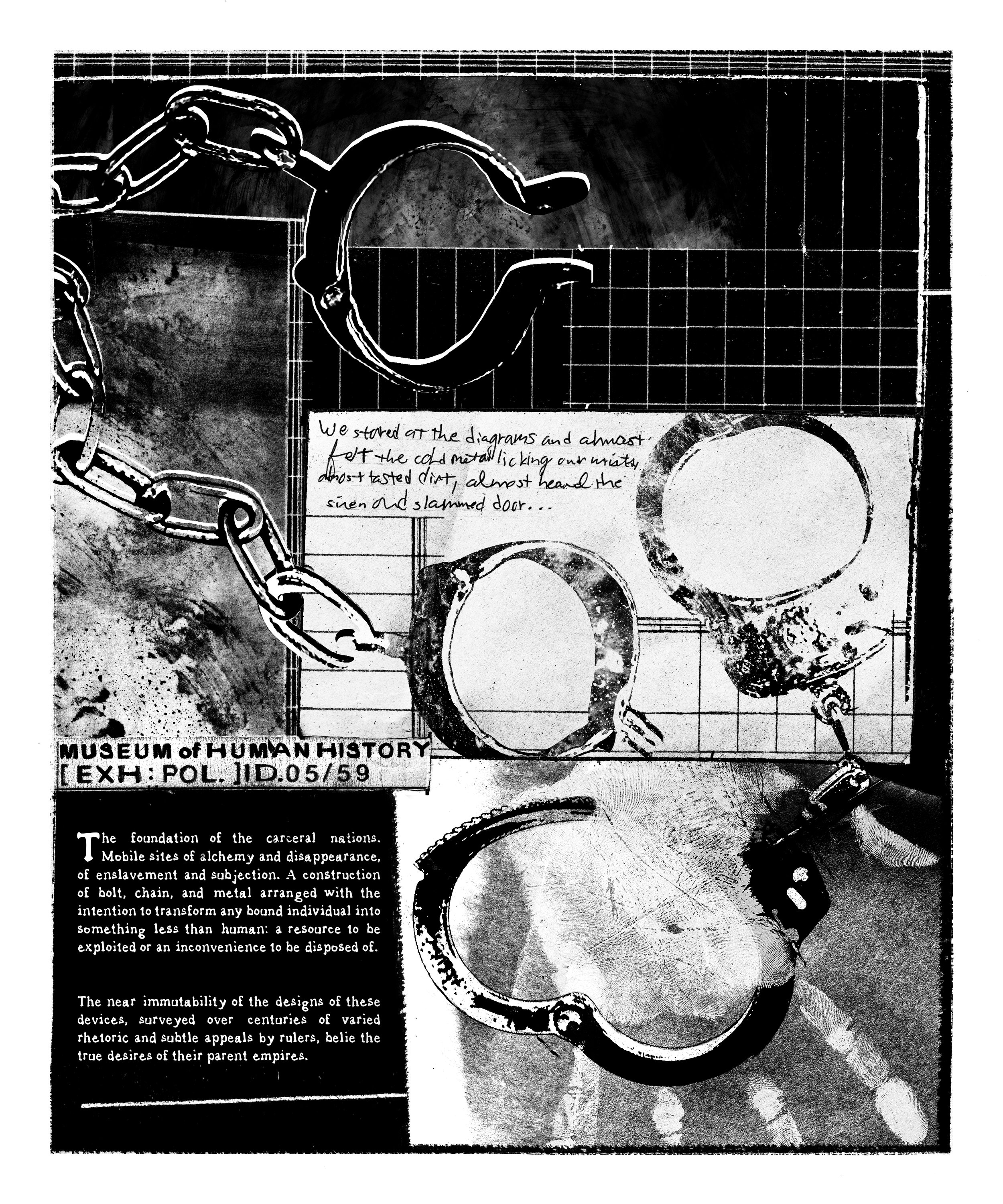 Alt Text: In upper two thirds of image an antique set of leg chains sprawled across a gridded-line background. One cuff rests on white sheet of paper with handwritten text on it. Another modern cuff also rests on this. In bottom third, on left, below