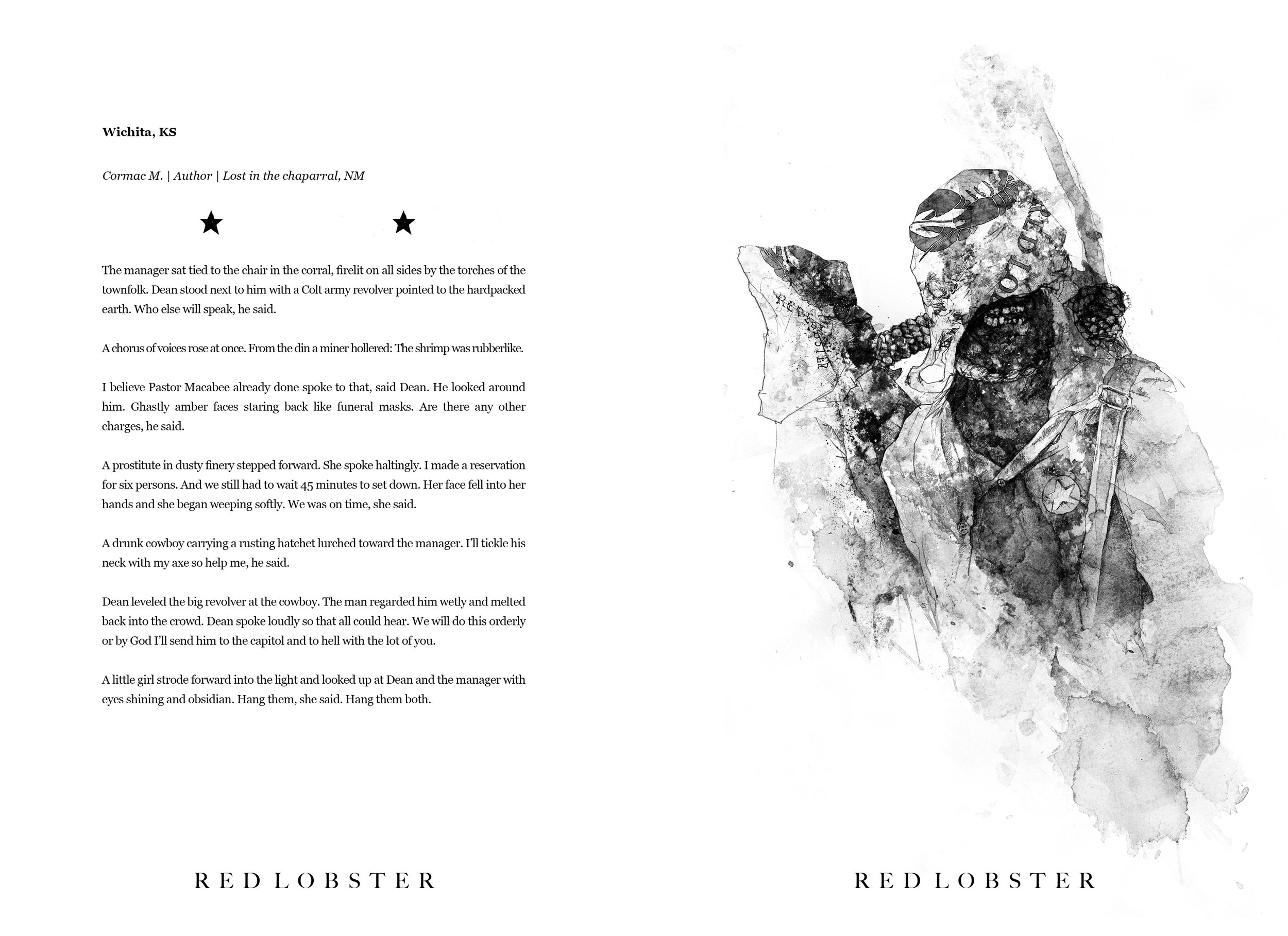 Alt Text: Ink and graphite, full page drawing of two bound figures, nooses around their necks, about to be executed, their heads covered by Red Lobster carryout bags. The mouth of one figure, partially visible, bares its teeth at the viewer.