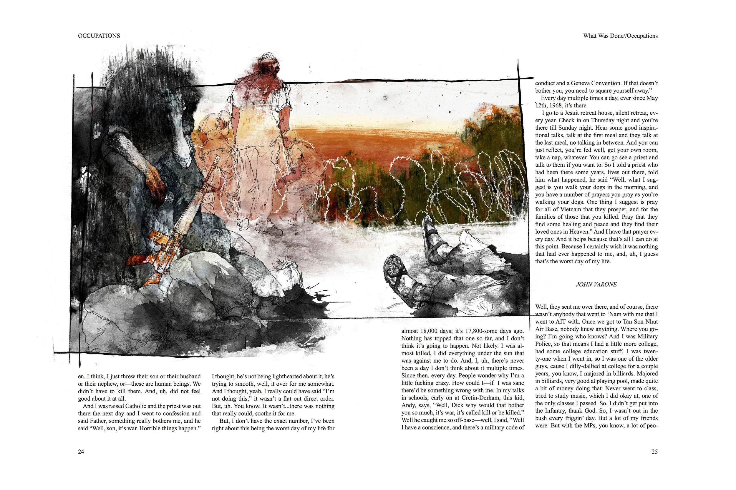 Alt Text: Full spread. Spread dominated by single image in a drawn frame. On left is a hunched figure, head, down, seated on a pile of sandbags, hands dripping orange, an orange-tinged rifle at its feet. Other figures near a line of barbed wire crouc