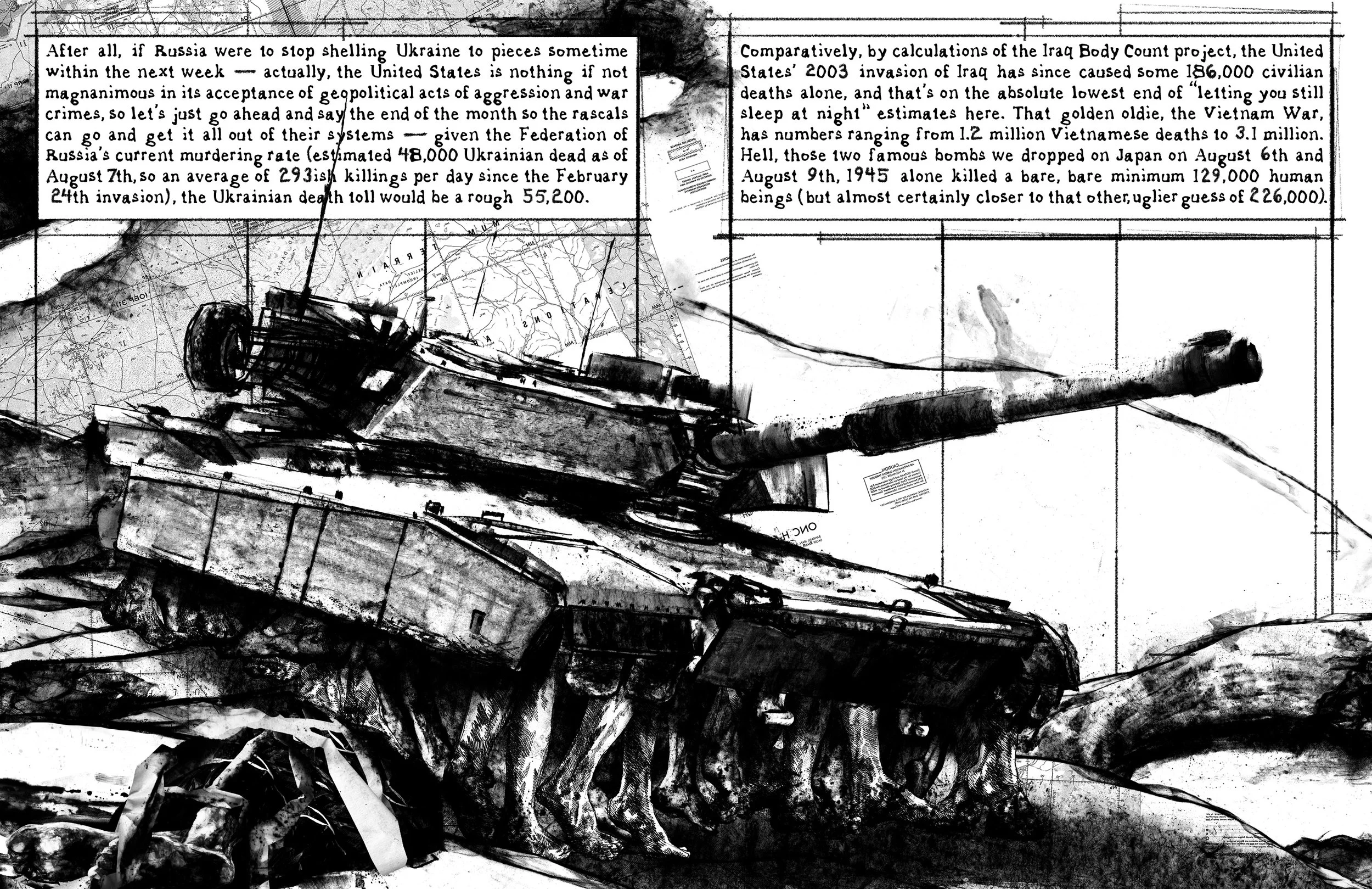Alt Text: Image spread across both pages. Upper third of spread, one on left page, one on right, are two panels of handwritten text. Below is a drawing of a modern tank traveling over a cratered landscape collaged with military maps. Rather than trea