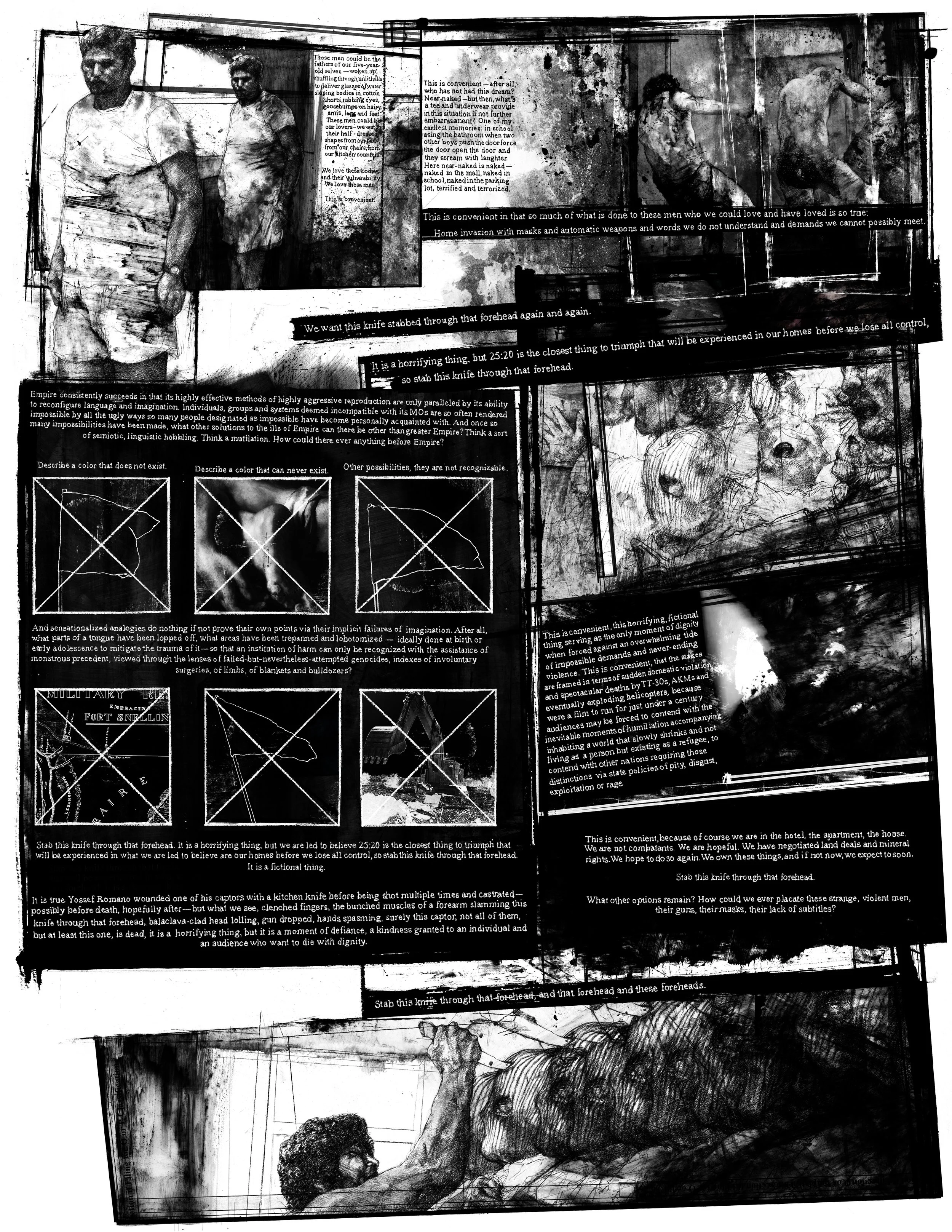 Alt Text: Full image view. Black and white, ink and graphite broadsheet, roughly divided into three rows traveling down the height of the page. Some boxes and frames are used to isolate images and moments of text, but uneasily, like precariously stac