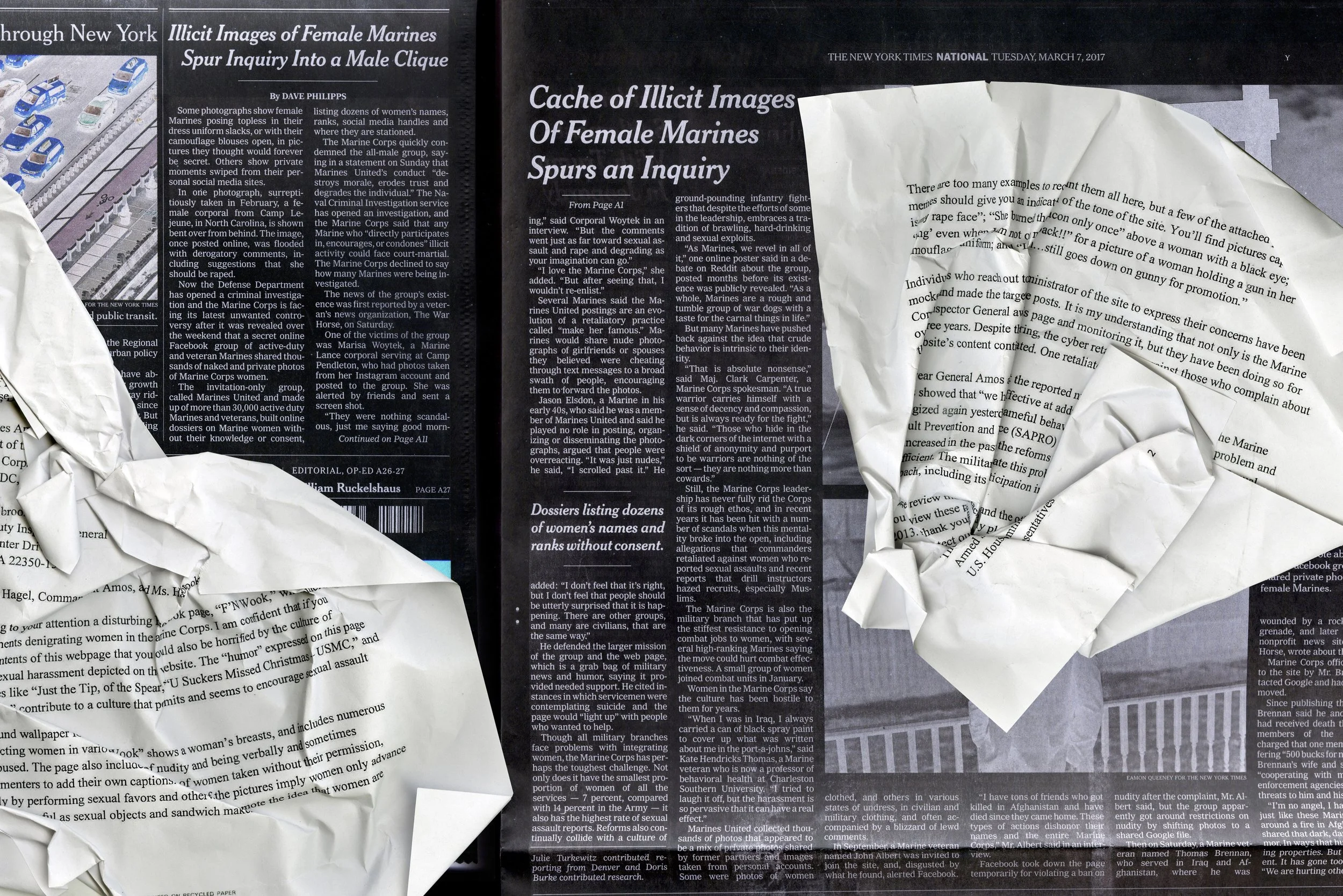 Alt Text: Full page spread. Left and right pages show now-crumpled, earlier correspondence from Congressional Member Jackie Speier. Now visible, in white type on black paper, are additional reports, dated 2017 of sexual harassment, assault and misogy