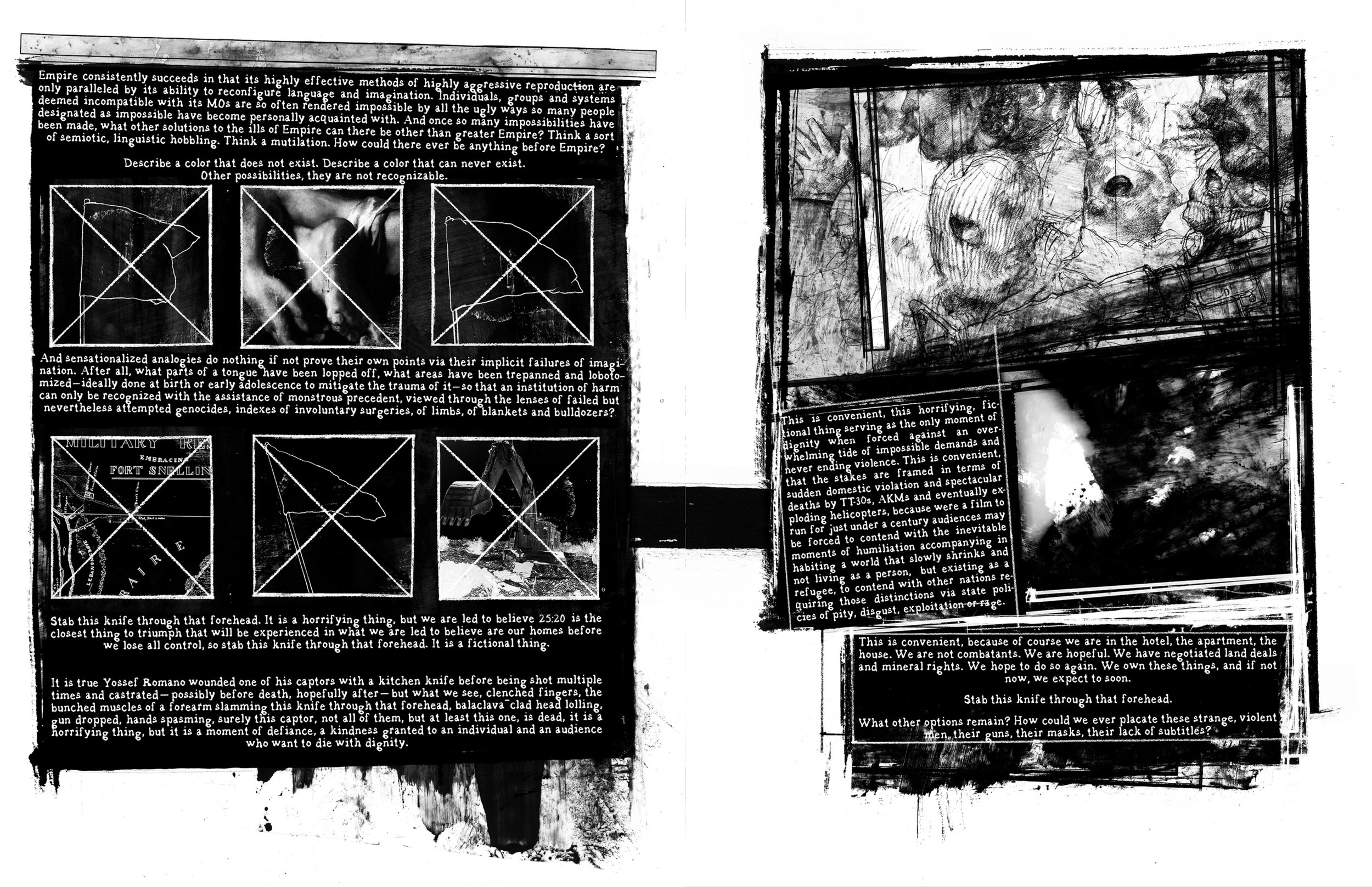Alt Text: On left is a grid of six frames. Three depict drawings of flags. The others, a map of Ft. Snelling, a Gericault study of amputated limbs, and a photo of a bulldozer. Each frame has an "X" drawn through it. On right, a drawing of a mob of sk
