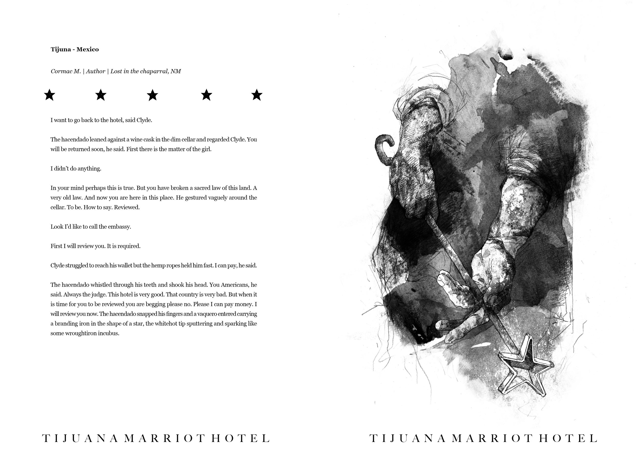 Alt Text: Ink and graphite, full page drawing showing a pair of forearms gripping the shaft of a branding iron; the iron's white, sparking tip in the shape of a star.
