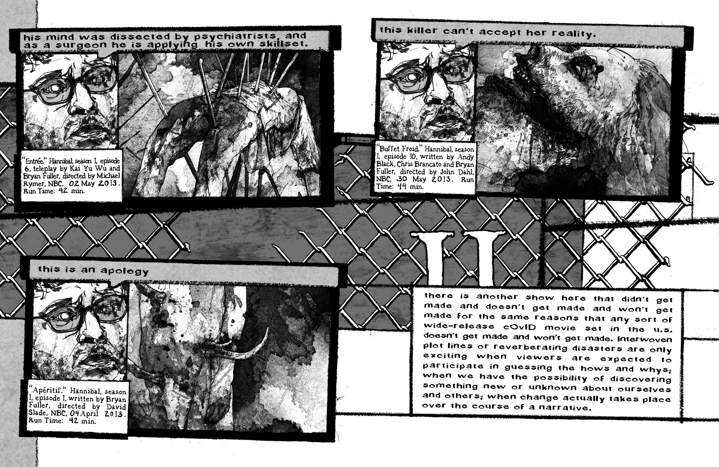 Alt Text: Spread is divided into a loose grid of four panels, two per page, with a row of chainlink visible behind them. Three panels are split into two frames, one a closeup of Hugh Dancy's face, with a reflective expression; the other sections, res