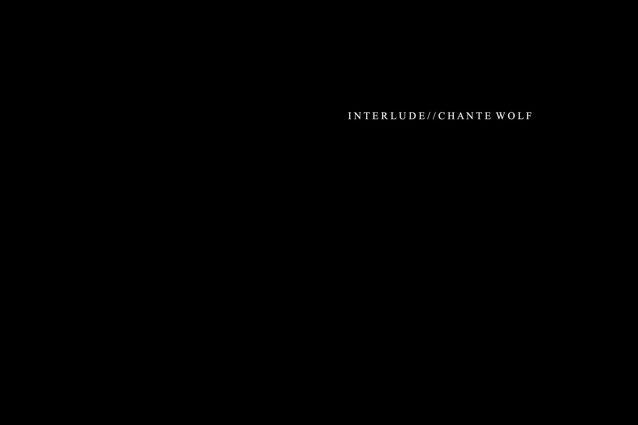 Alt Text: Chapter spread. Black pages with no imagery. On right page, in white type in upper third of page reads "Interlude//Chante Wolf."