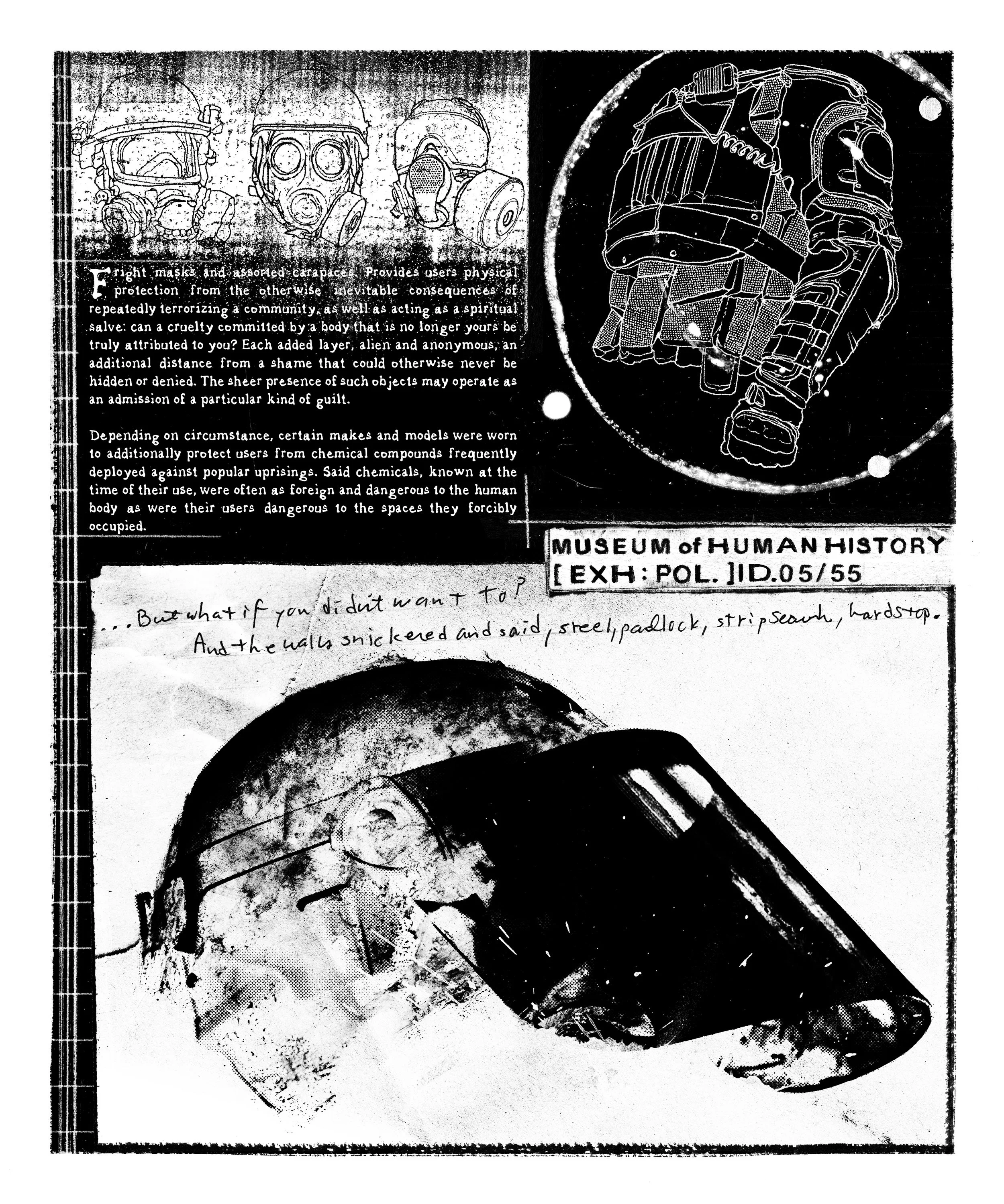 Alt Text: In upper half of page, above block of text, are technical line drawings of three gas mask variants; to right is another drawing of a suit of riot gear. Underneath suit is label reading "[EXH: POL.] ID. 05/55." In bottom half of page, on cru
