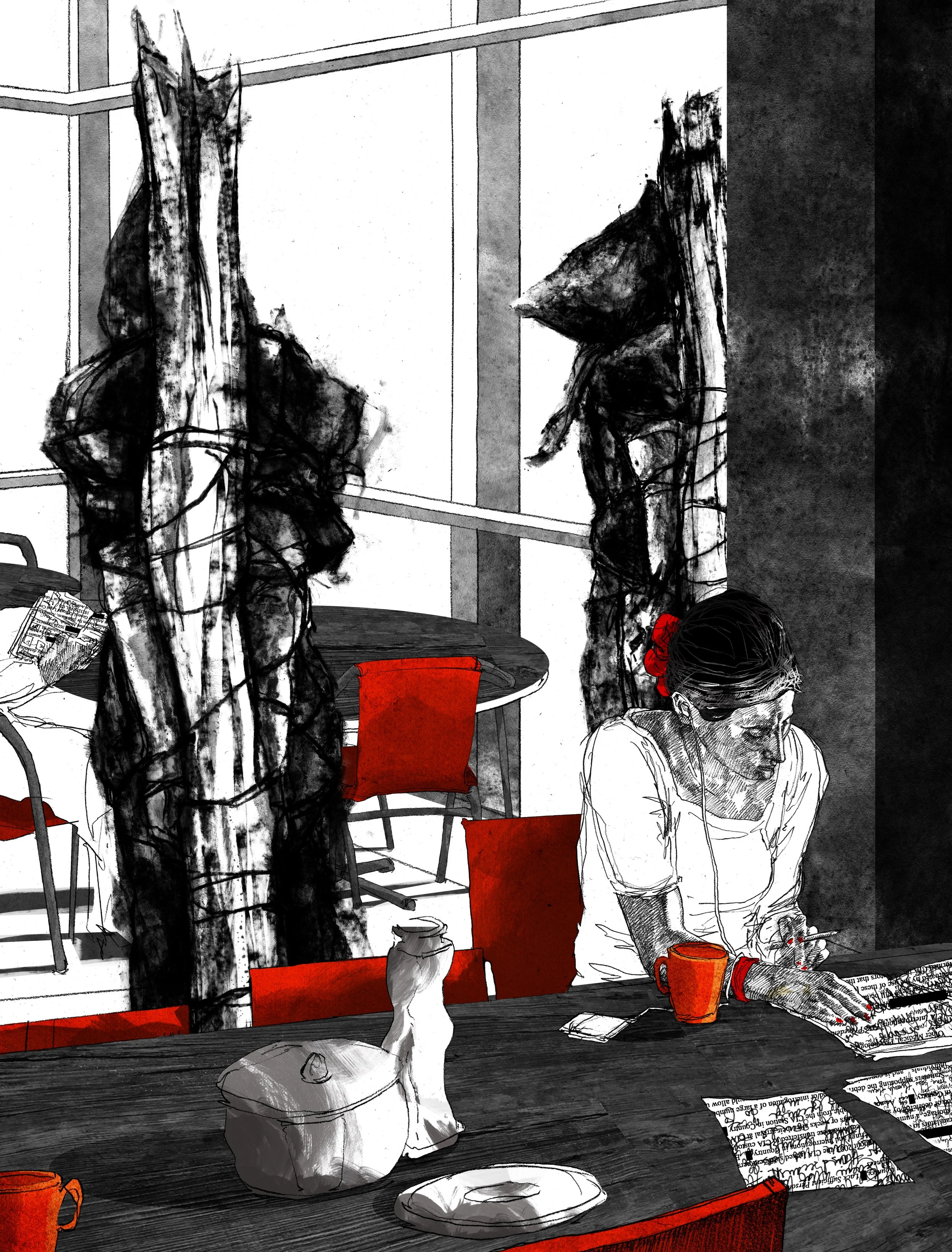 Alt Text: Graphite and ink drawing of figure seated in cafe listening to earbuds and writing. Within interior of cafe are two upright, hooded figures tied to vertical stakes, painted in loose, splattered black inks, contrasting against the cleaner, f