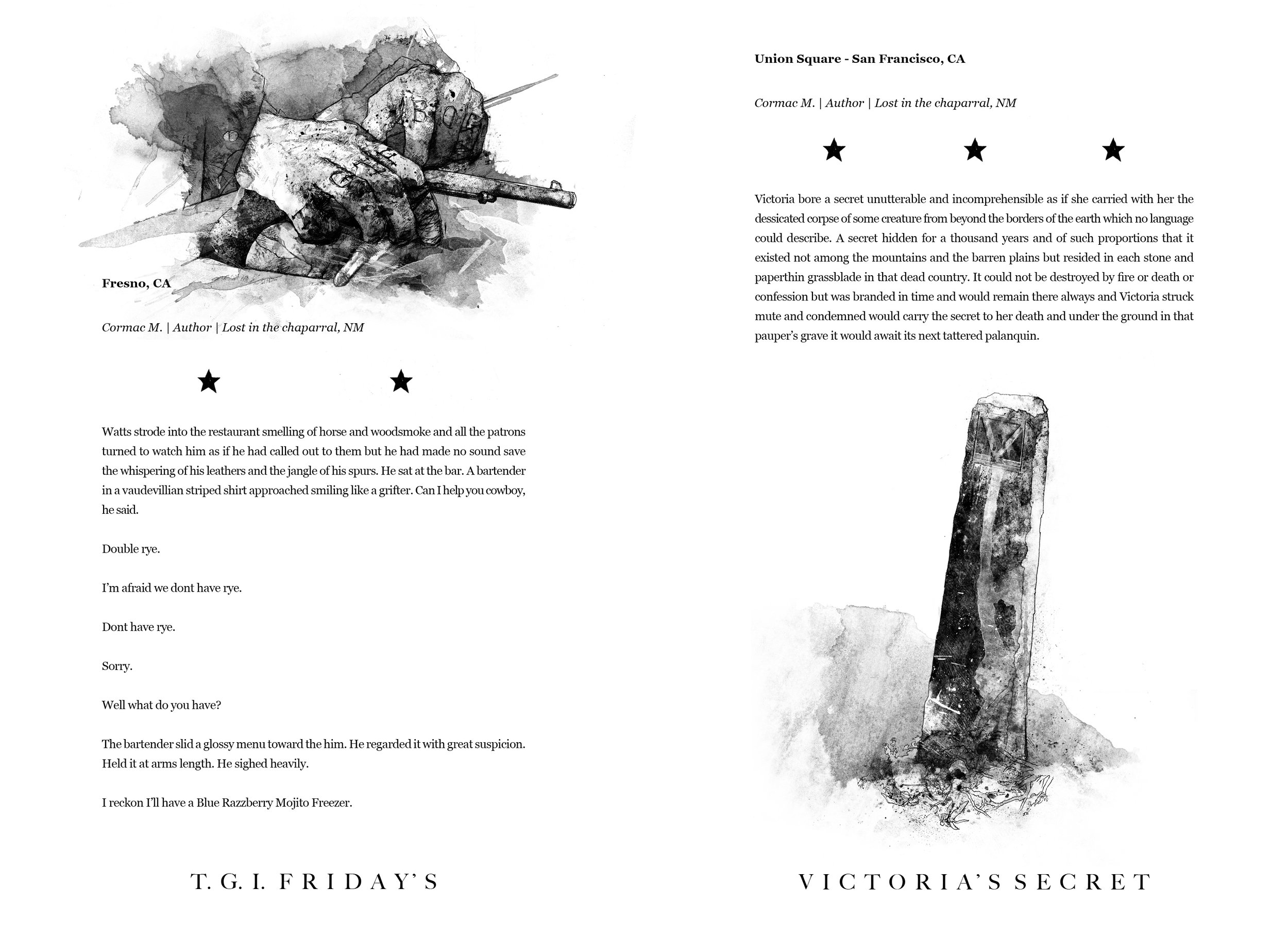Alt Text: Two ink and graphite, half page drawings. Image on left is close-up view of an individual's hands resting on a bar, loosely covering a revolver; knuckle tattoos read "TGIF" and "BOGO." Image on right shows an aged obelisk or grave marker wi
