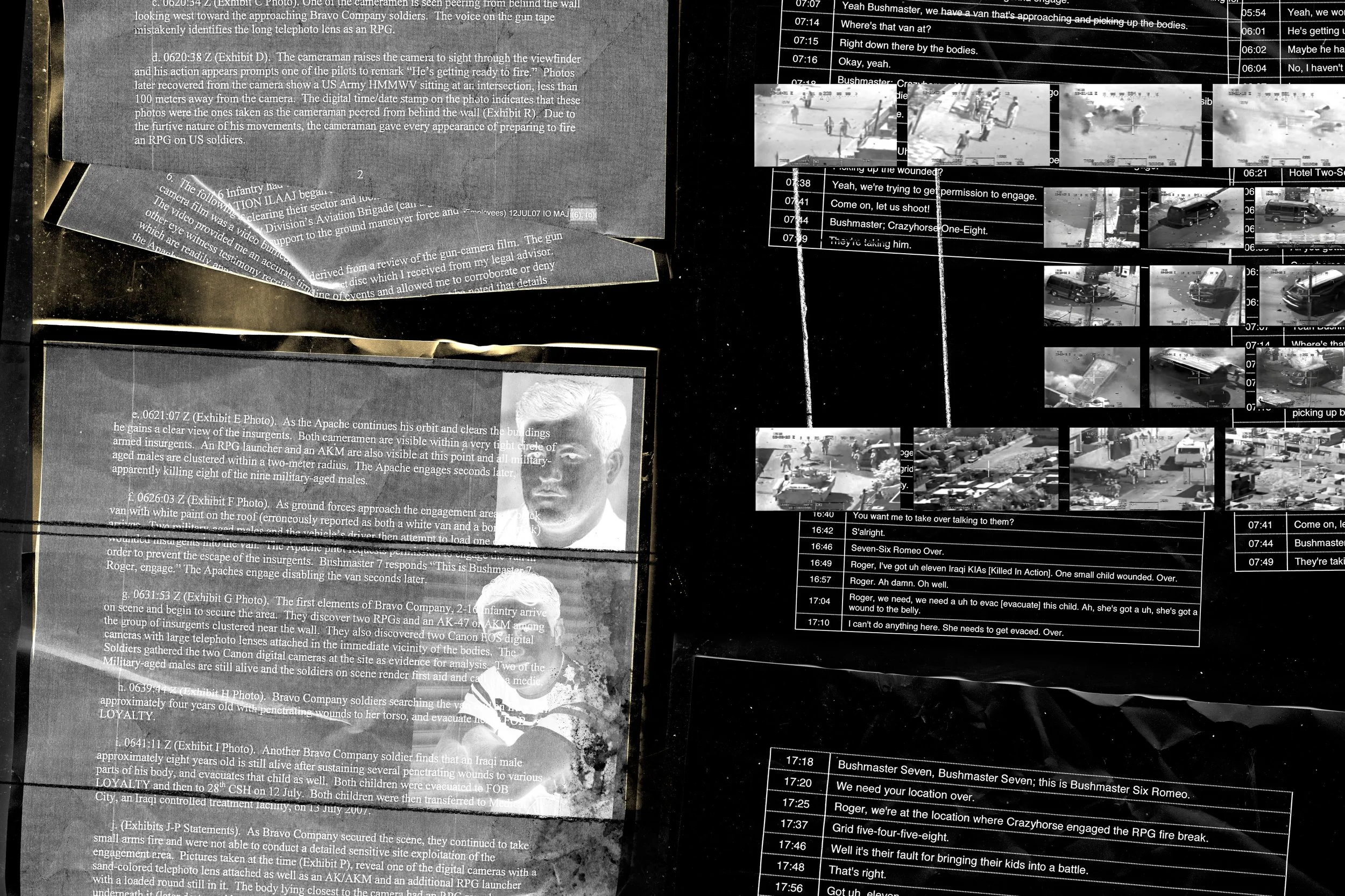 Alt Text: Full page spread. On left, a crumpled, grey collection of documents with white text details of attempted coverup of U.S. airstrike killing of two Iraqi journalists on July 17, 2007. Right page, on black background, depicts sequential footag