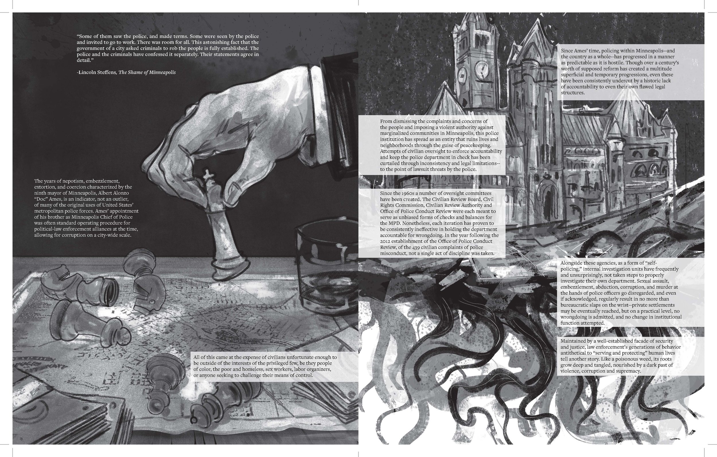 Alt Text: Left page; a suited, white hand places a white chess piece on a city map, on which rests an empty glass and numerous, toppled, darker chess pieces. Right page; underneath an ornate city government building are a collection of twisting black