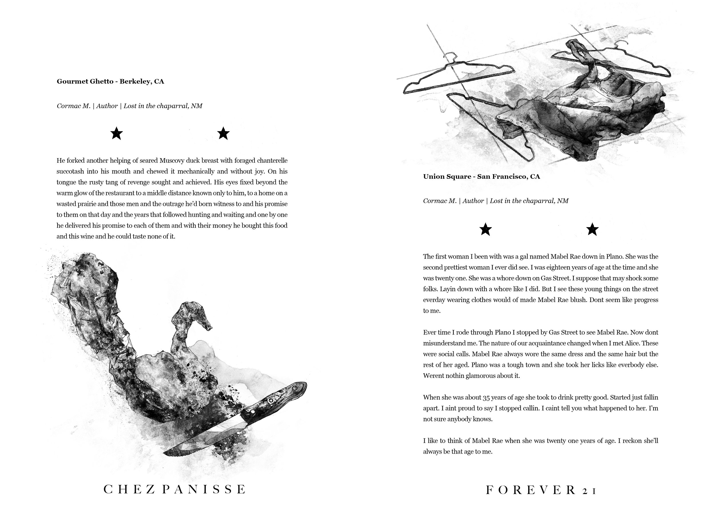 Alt Text: Two ink and graphite, half page drawings. Image on left close-up view of leftovers wrapped in aluminum foil shaped to resemble a swan, leaking a dark fluid, next to a stained knife. Image on right shows a single tank top discarded on a tile