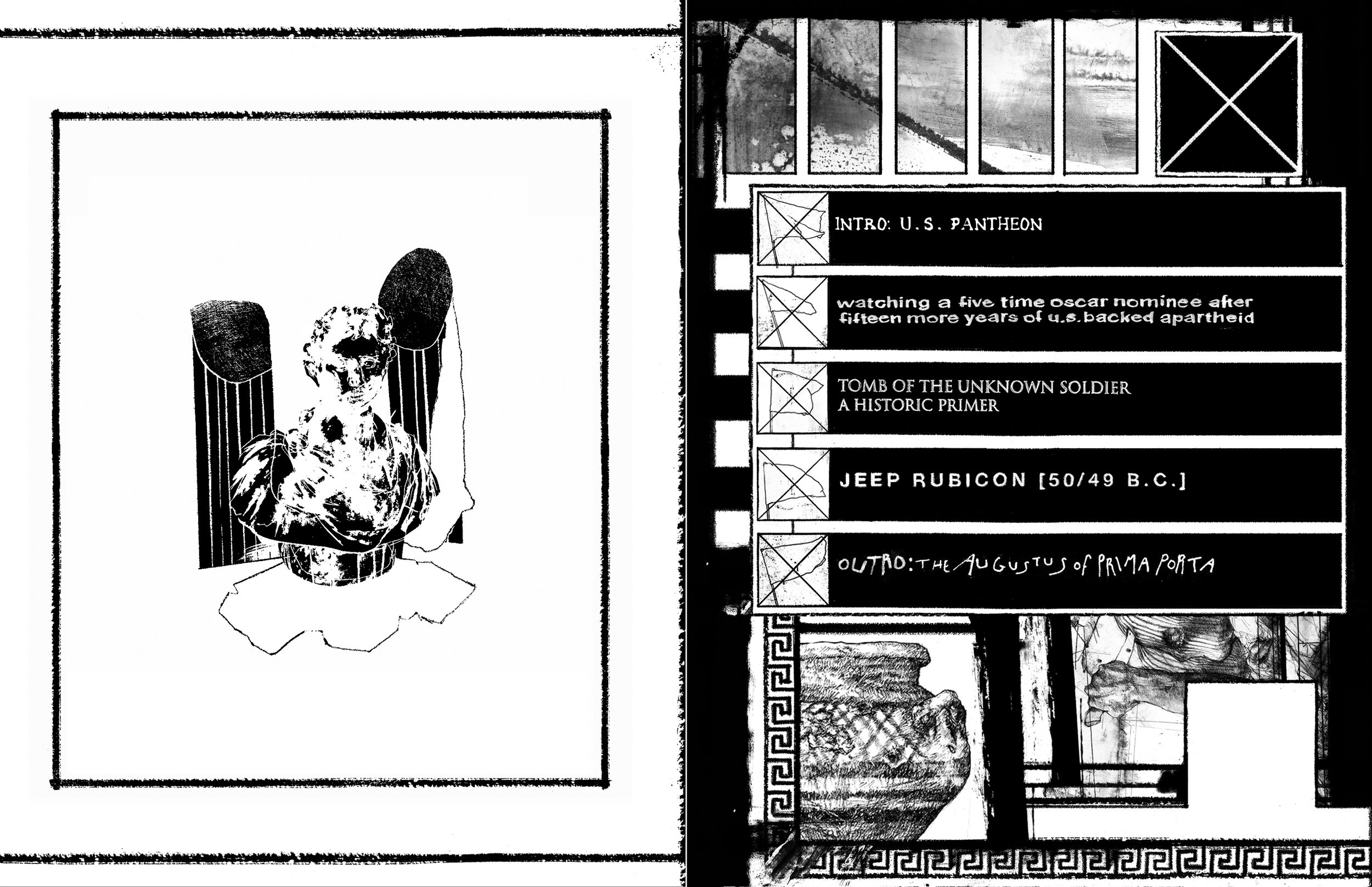 Alt Text: Table of contents spread. Left page shows a crudely drawn facsimile of a Roman bust between two broken pillars. This page layout is used in future as a chapter heading. Right page, alongside collaged imagery of a jar, a hand with a knife, a