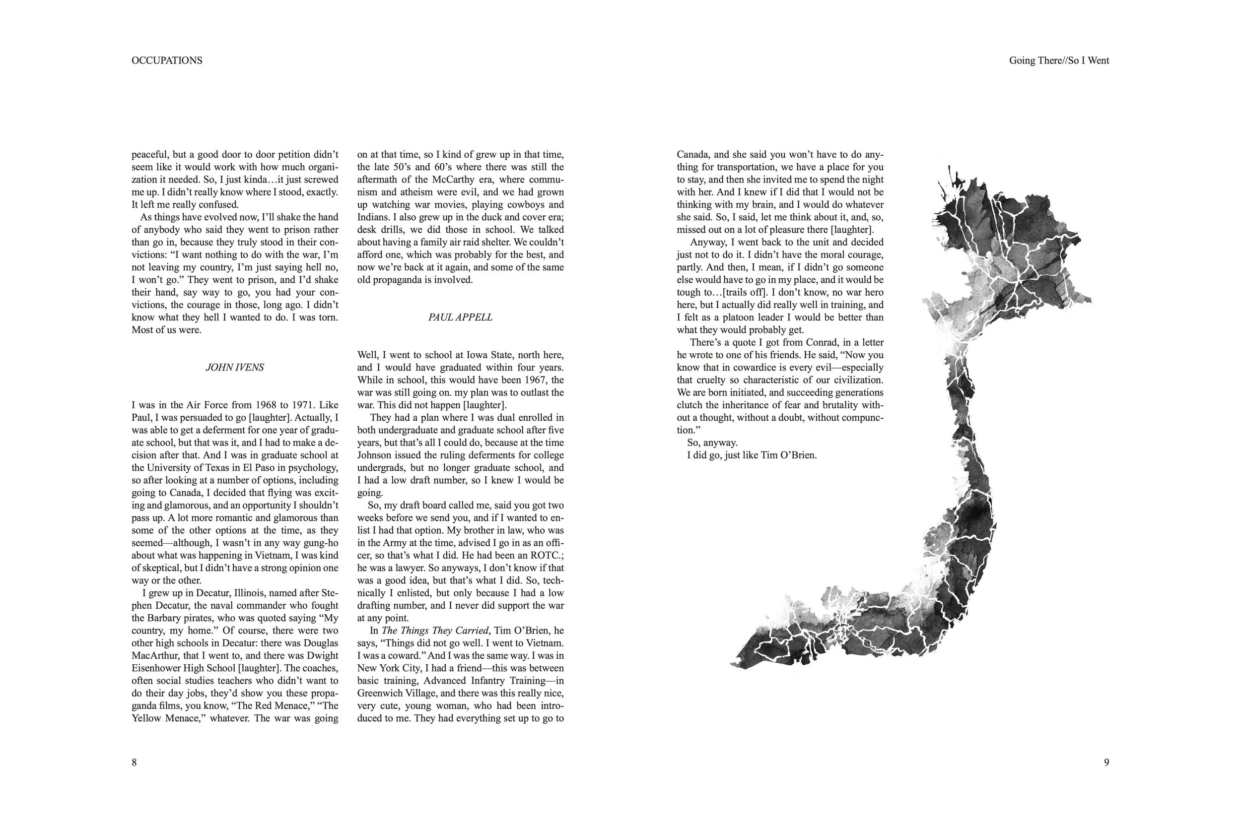 Alt Text: Left page, all text, no imagery. Right page, as text ends, remaining page shows larger version of hand-drawn, ink wash map of Vietnam and its territorial interior.