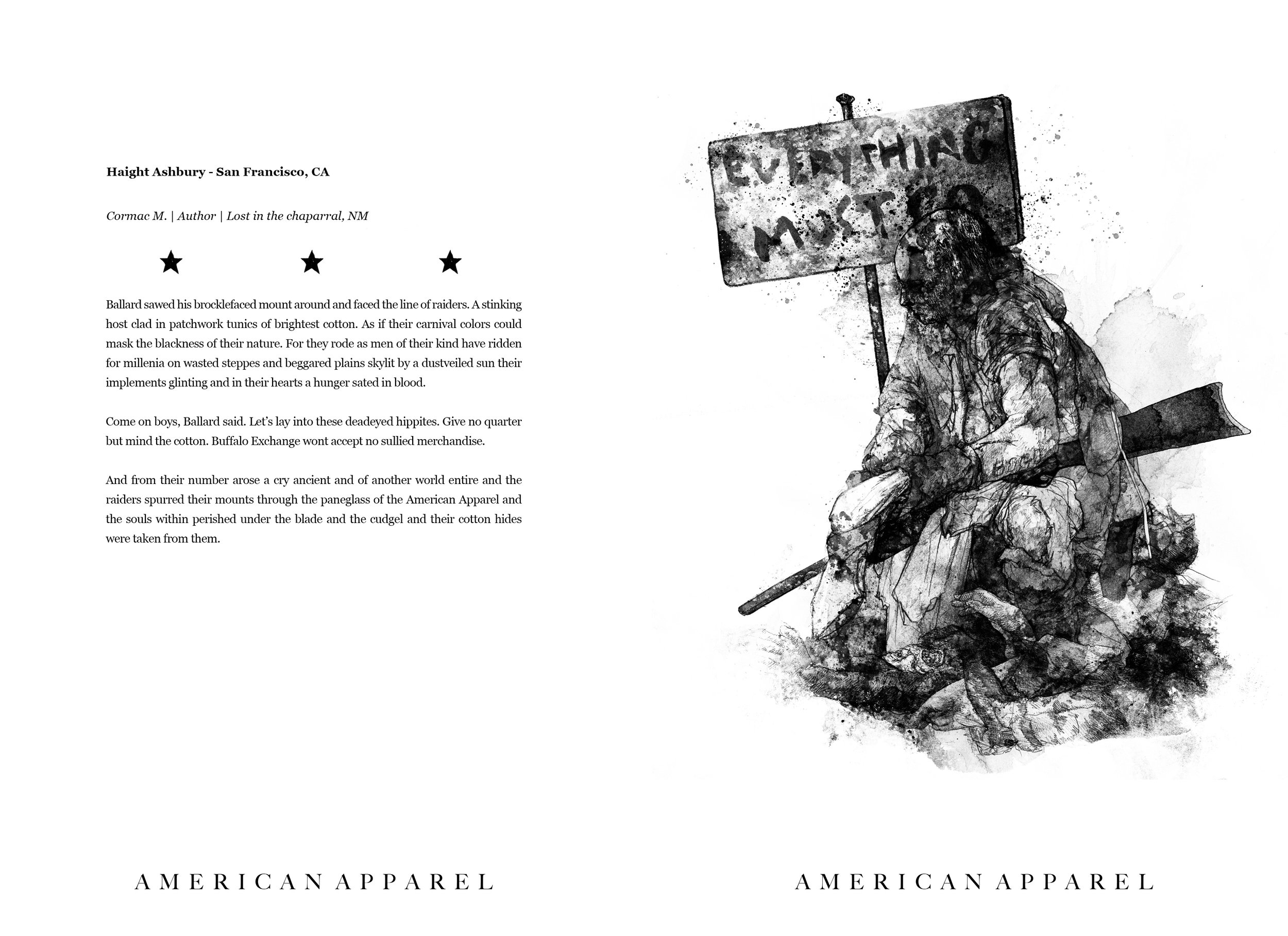 Alt Text: Ink and graphite, full page drawing of figure seated in profile on stained pile of clothing. The figure's face and hands are coated in blood and a rifle lies loosely across their lap. Draped across the figure's legs and back are numerous ar
