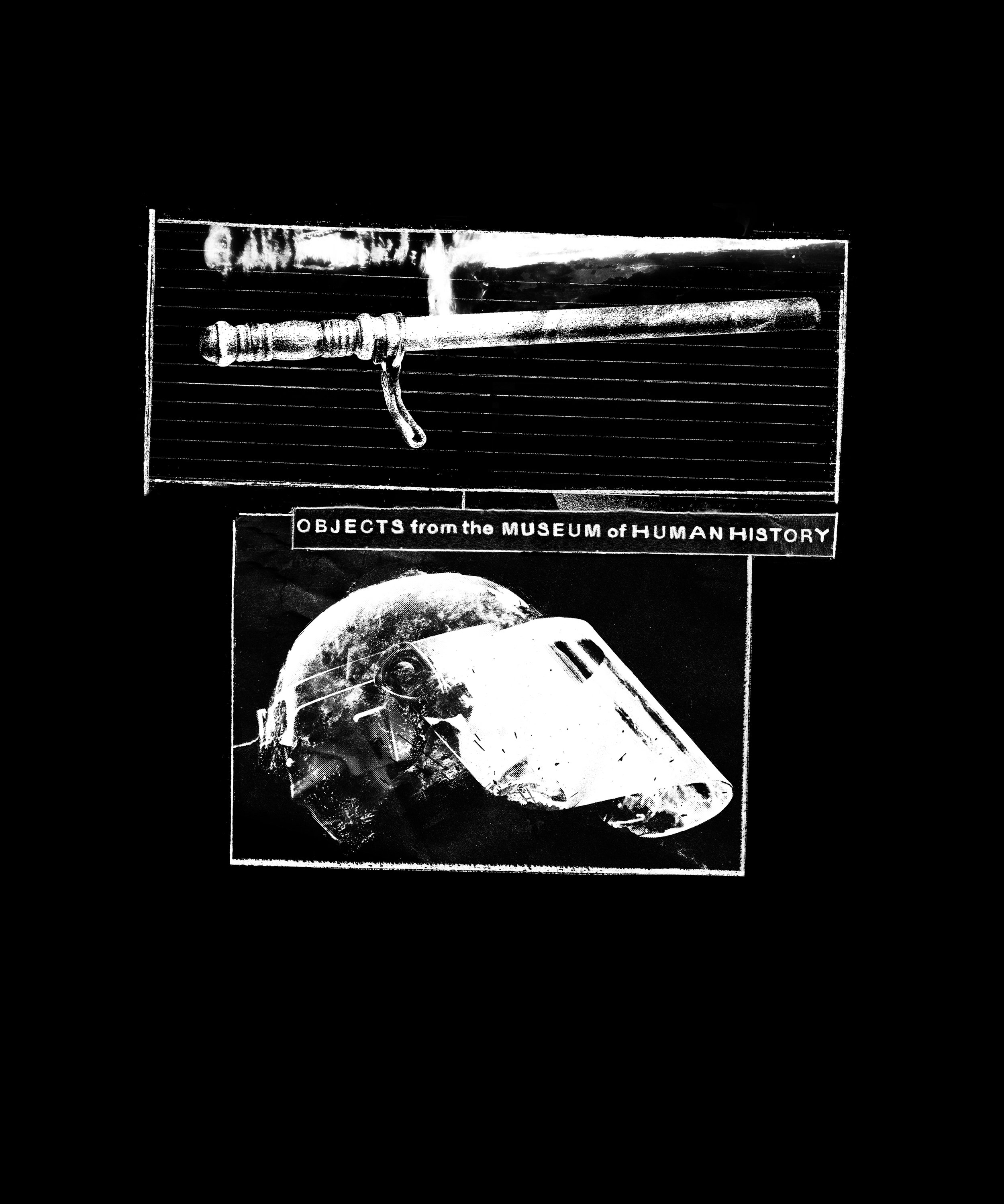 Alt Text: Cover. On field of black paper, two frames, drawn in white pencil, are present in middle of cover; the top frame is slightly wider than the one below it, and depicts two high contrast images of police batons. The bottom frame a distorted dr