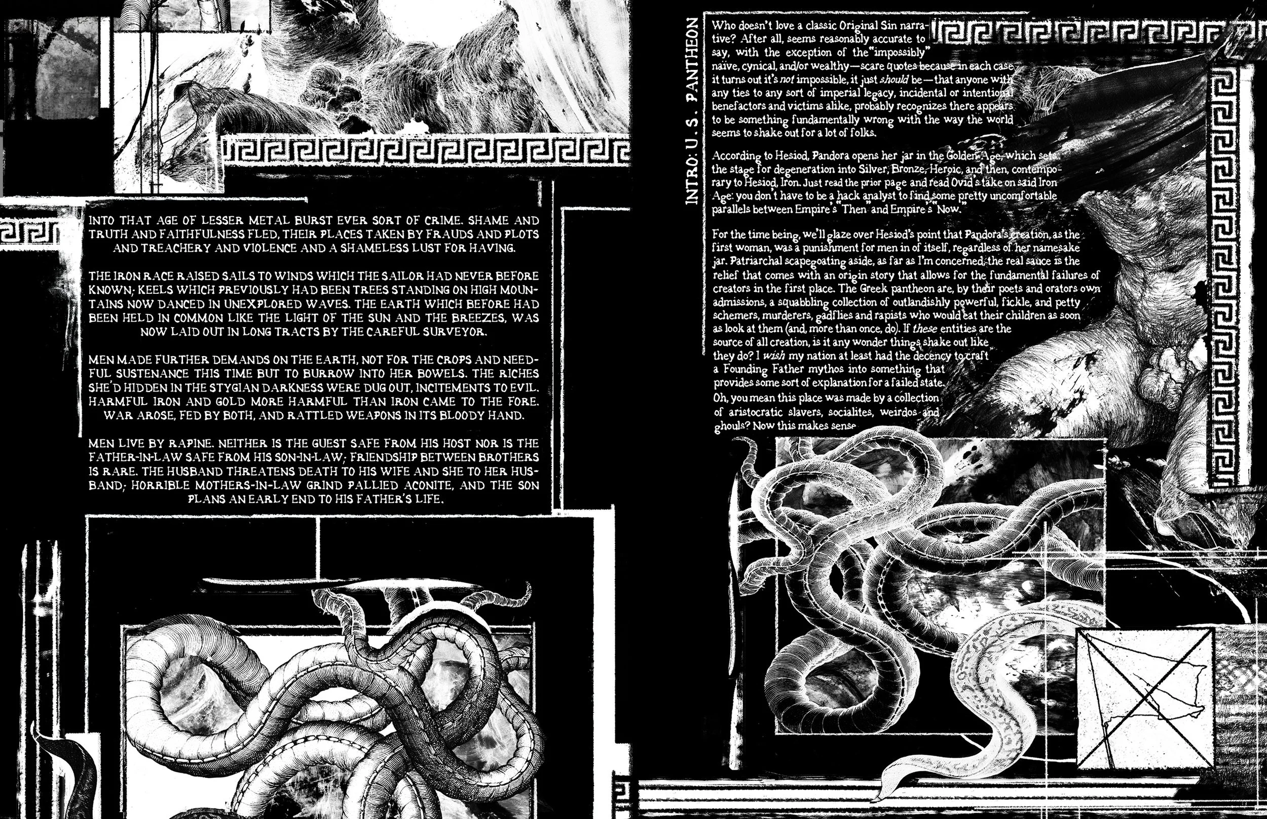Alt Text: Intro section spread. Spread dominated by white text on black background, bordered by of geometric, Greco-Roman patterns. In upper left and right portions are drawings of fragmented sculptures of human bodies, more akin to flesh than stone.