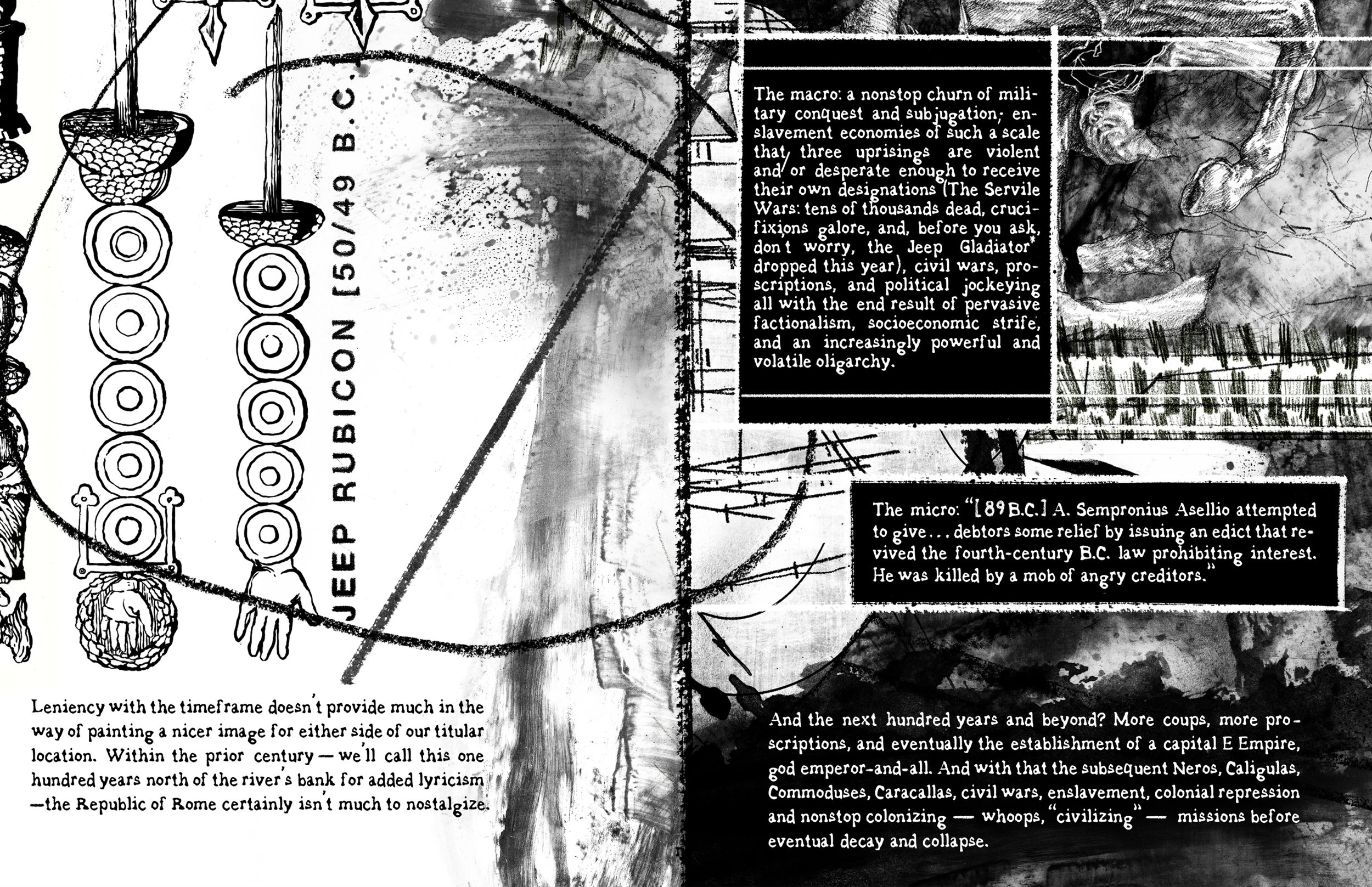 Alt Text: On left, three simple ink reproductions of upside-down Roman Legionnaire standards are present on white, ink-spattered background, a loose graphite circle around them. On right, barely visible behind three black boxes containing text, is a