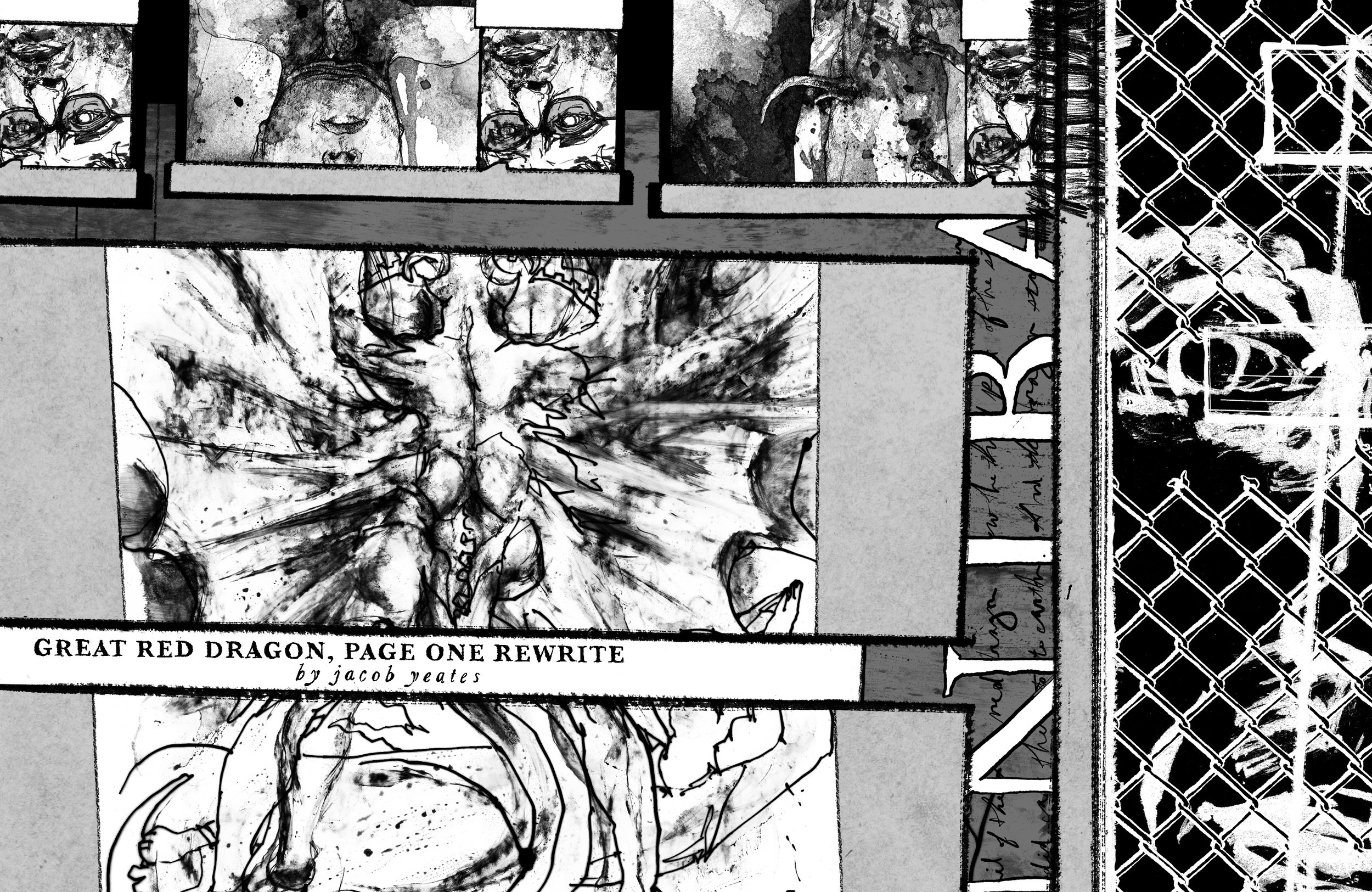 Alt Text: Title page spread. Spread made up of several frames of various size. Dominating the scene is an ink drawing of William Blake's "Great Red Dragon," the back view of a muscular, bipedal, horned, winged figure, wings outstretched and a thick t