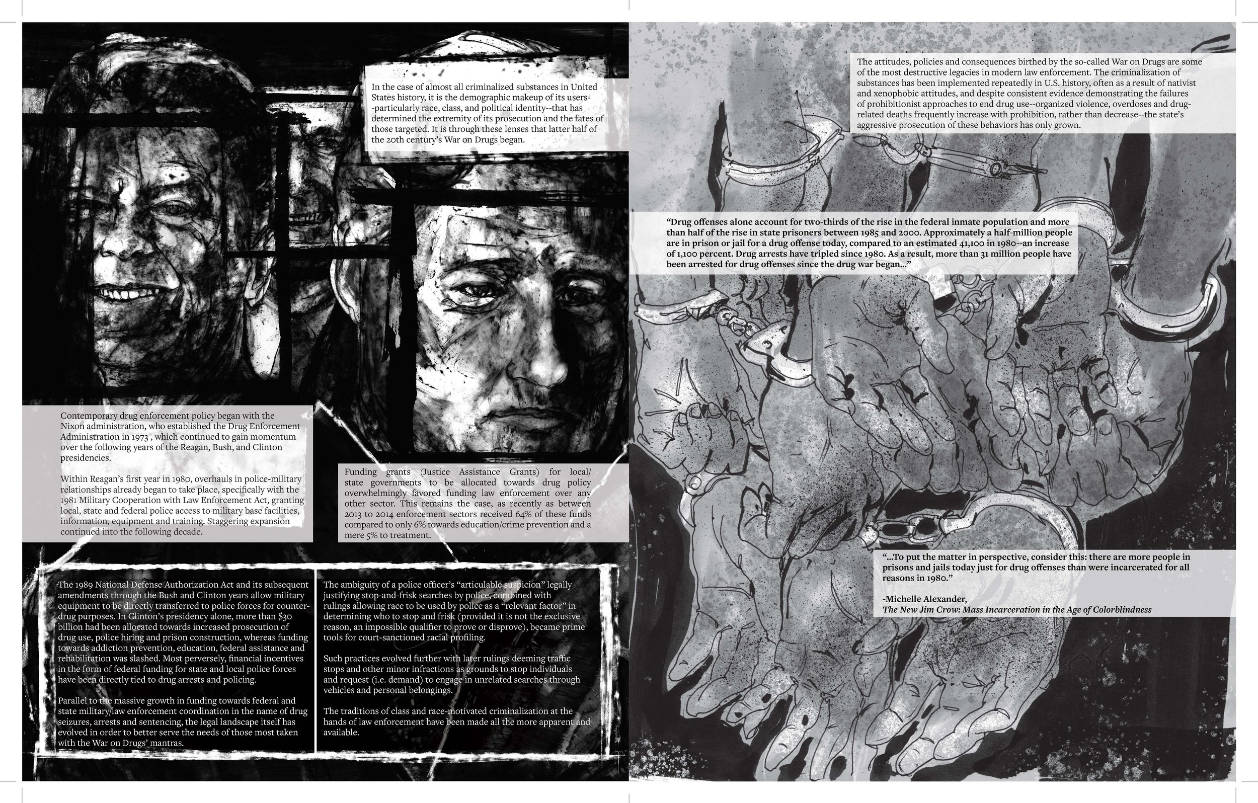 Alt Text: Left page, three distorted drawings of Ronald Reagan, George Bush. Sr. and Bill Clinton, with unsettling proud or stoic expressions. Right page, a mass of hands handcuffed together, stretching off of the page, seemingly without end.