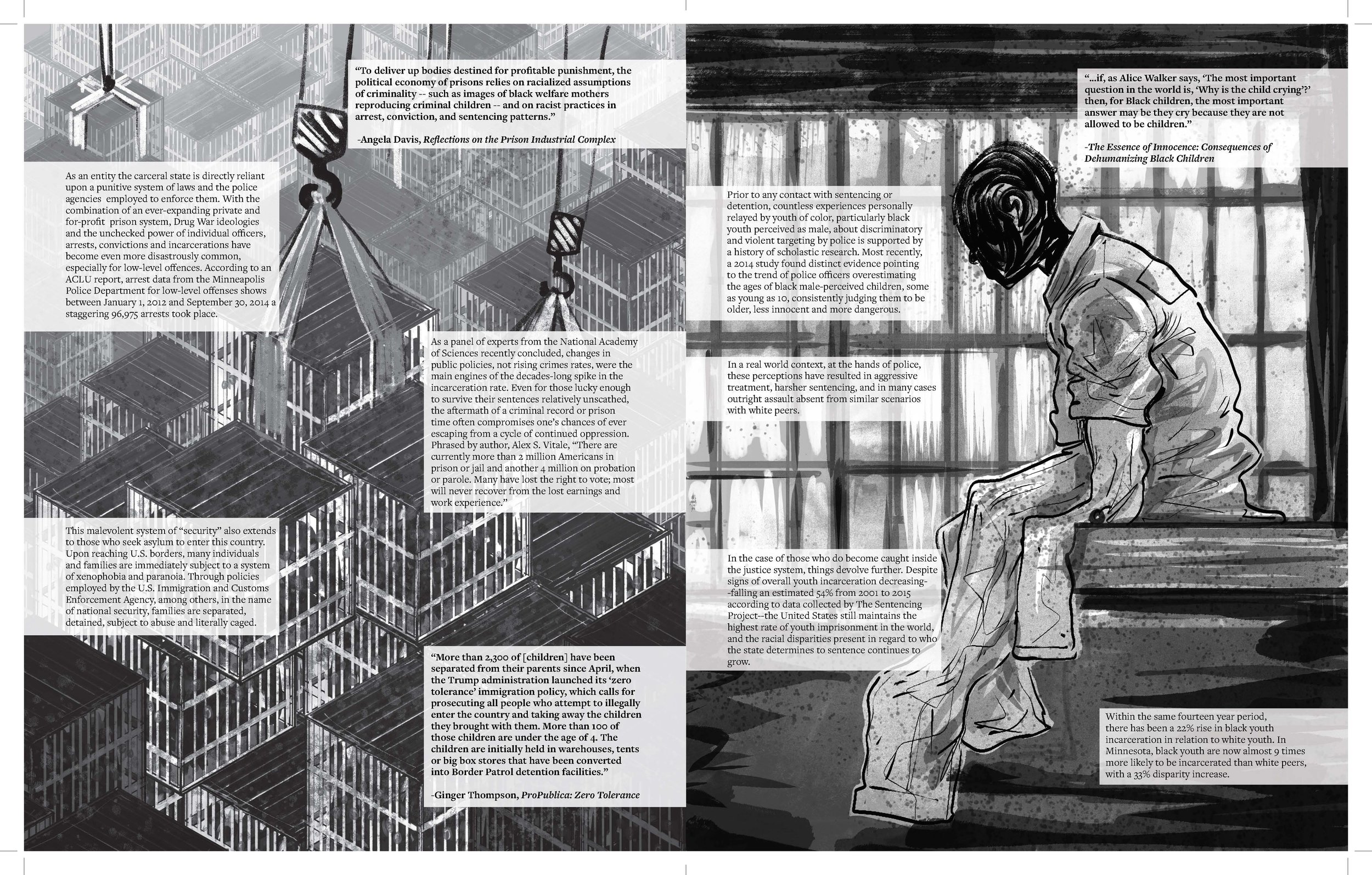 Alt Text: Left page, a near bird's-eye view of a city in the process of being built with cranes; however, all the buildings are built from barred cages. Right page, a side view of a black child sits on a mattress in a prison cell, their prison fatigu