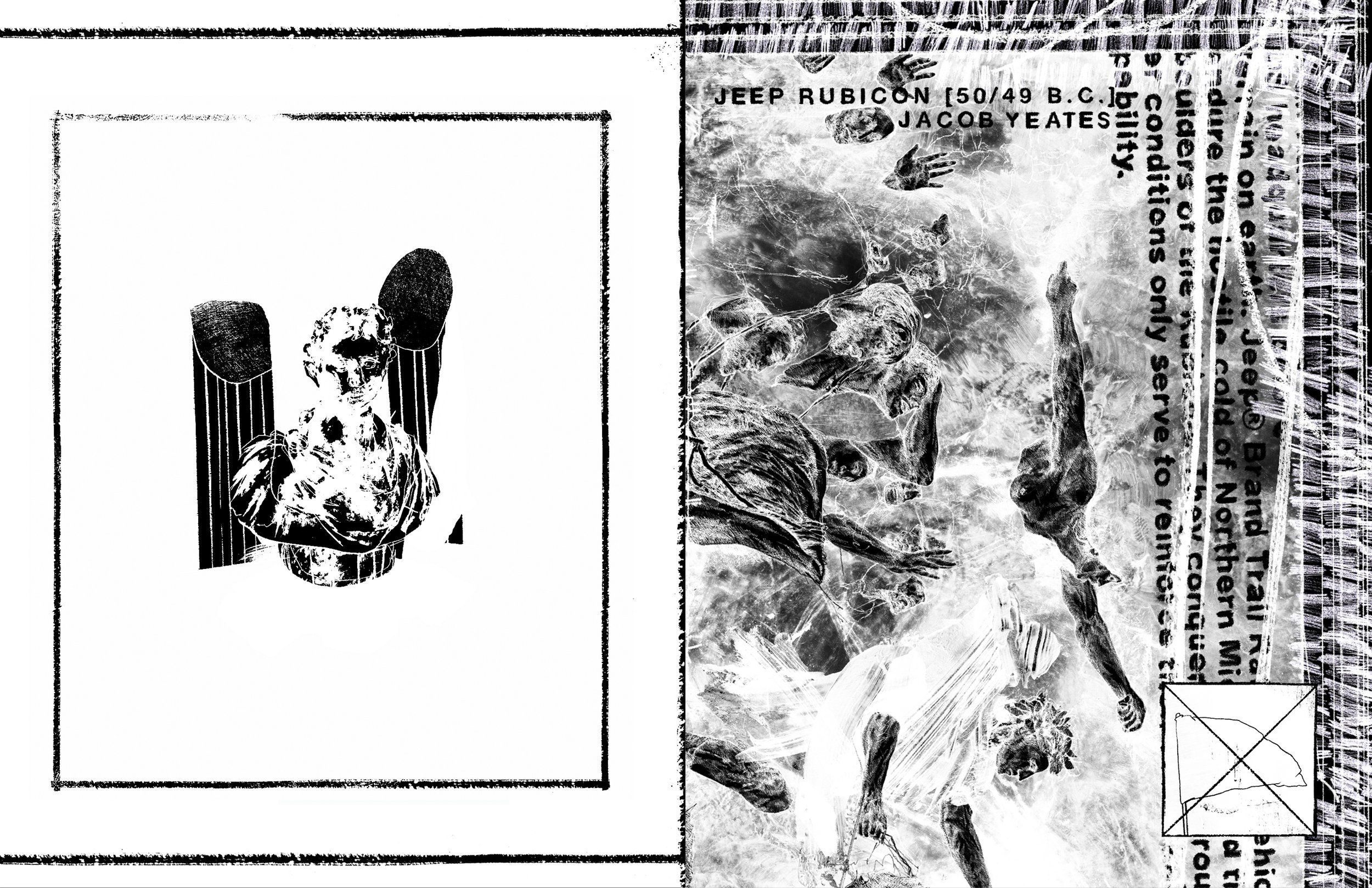 Alt Text: Section three title spread. Left page shows a crudely drawn facsimile of a Roman bust between two broken pillars. Right page, a fragment of a drawn reproduction of Yvon's "Caesar Crossing the Rubicon," is framed by pencil hatching and paint