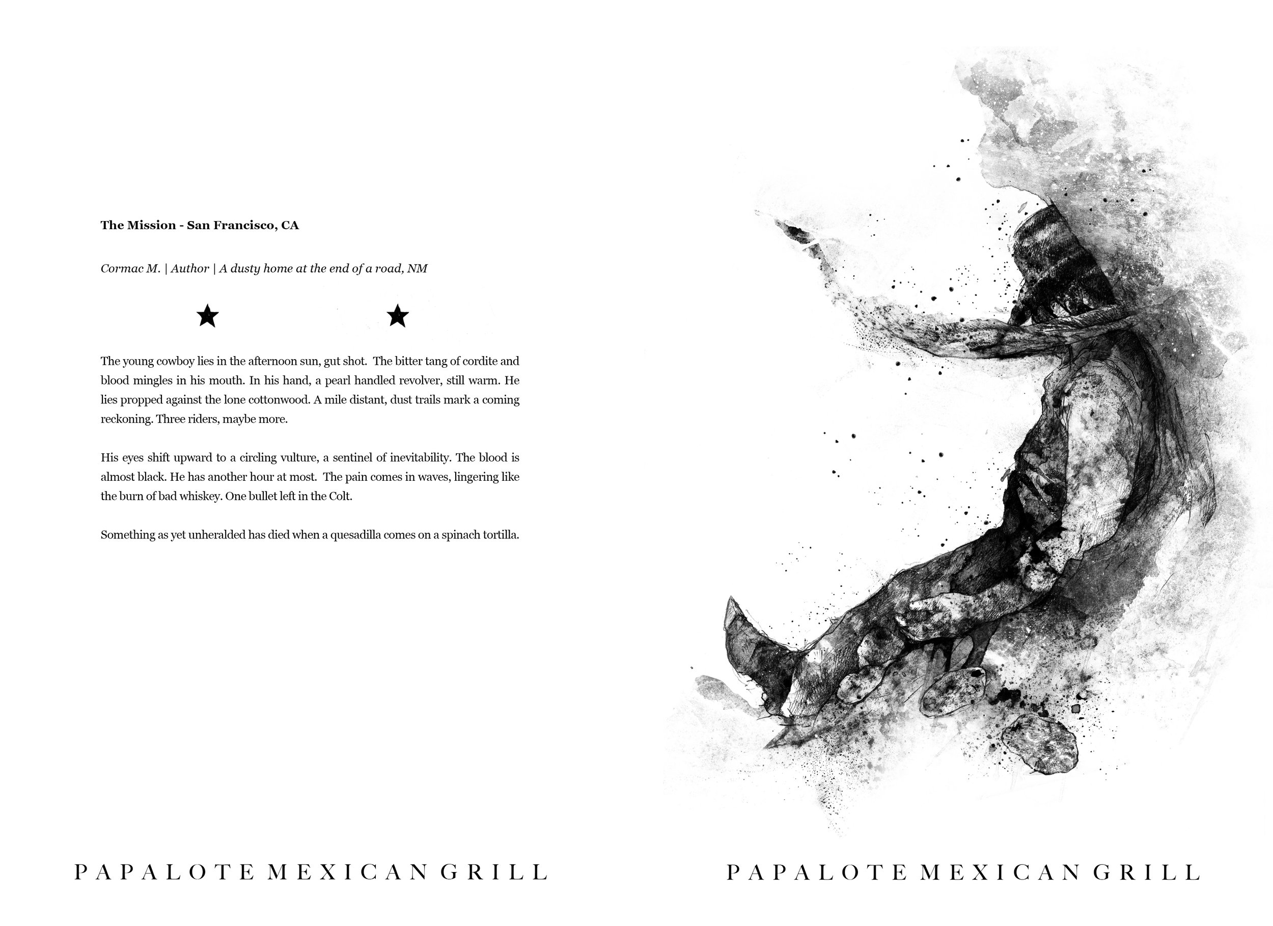 Alt Text: Ink and graphite, full page drawing of side-view of cowboy laying on ground propped up by a tree, face obscured. Flies hover around body and blood drips from the cowboy's side down towards two tortillas next to the body.