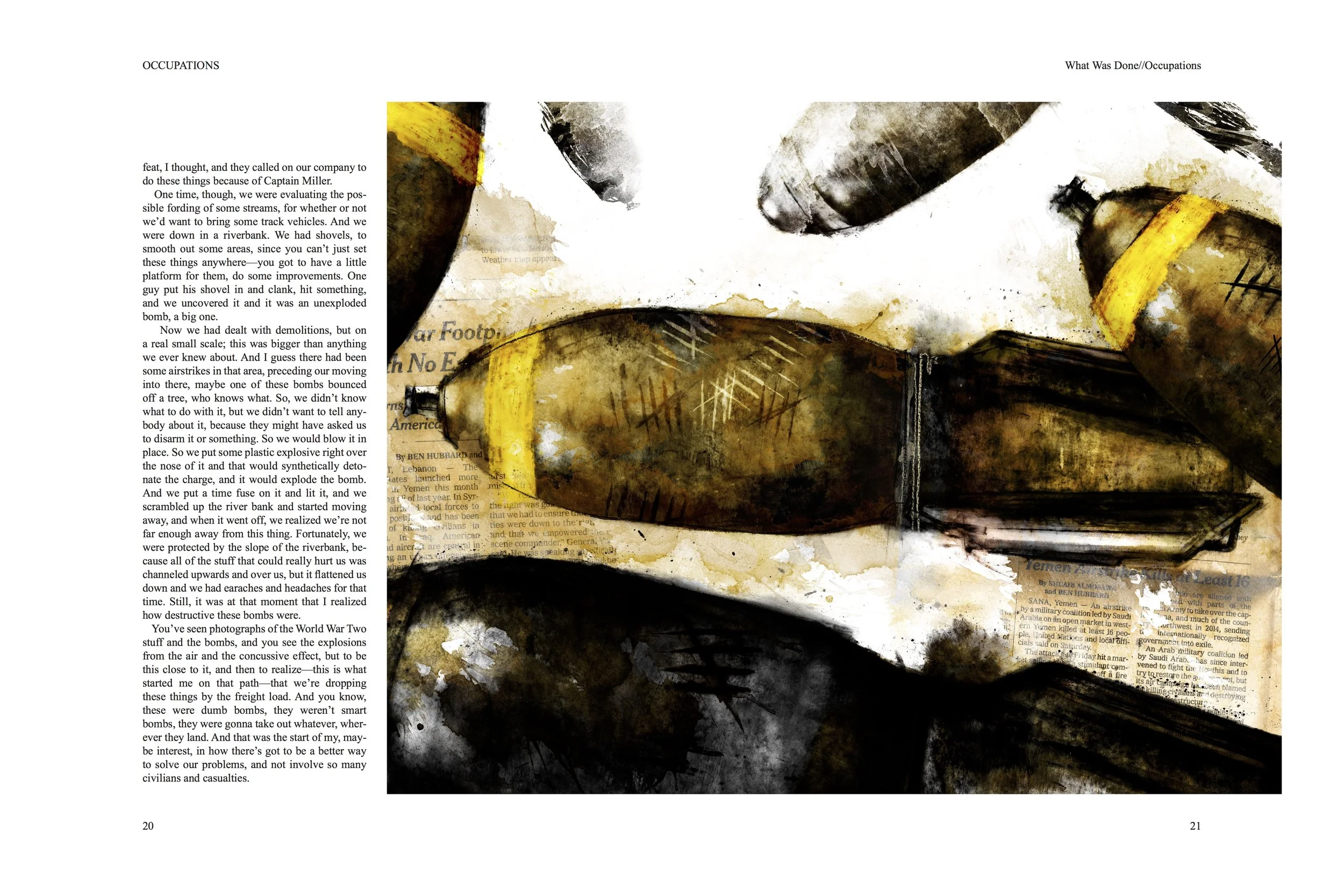 Alt Text: Full page spread. Next to single column of text on left page, full image dominates spread. Painted in greens, yellows, browns and blacks, large bombs in mid-fall are depicted above torn pieces of newspaper. Seemingly carved into the metal c