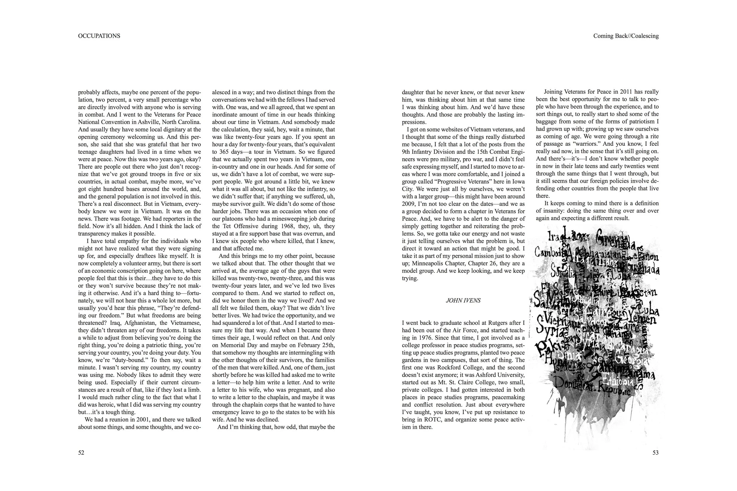 Alt Text: Left page, all text, no images. Right page, greyscale ink spot illustration embedded in text. In sprawling, violently scratched text, written over a particularly dark splatter of ink, are the names of dozens of countries, all occupied or ot