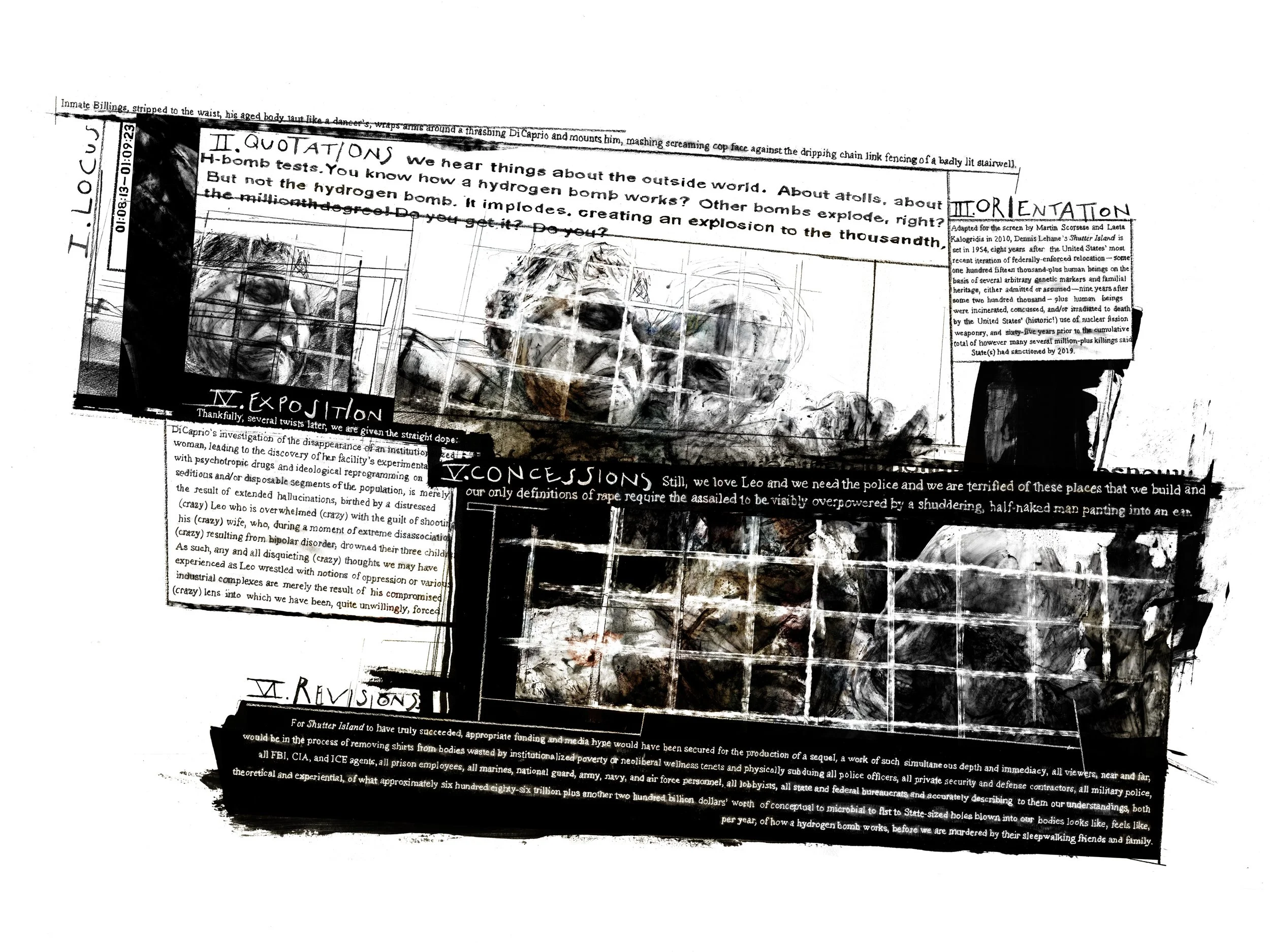 Alt Text: Horizontally-oriented broadsheet done with graphites, black ink, and brief moments of brown ink. Two panels, unevenly stacked, surrounded by boxes of handwritten text, dominate composition. Within panels are a drawn, repeated scene of two m