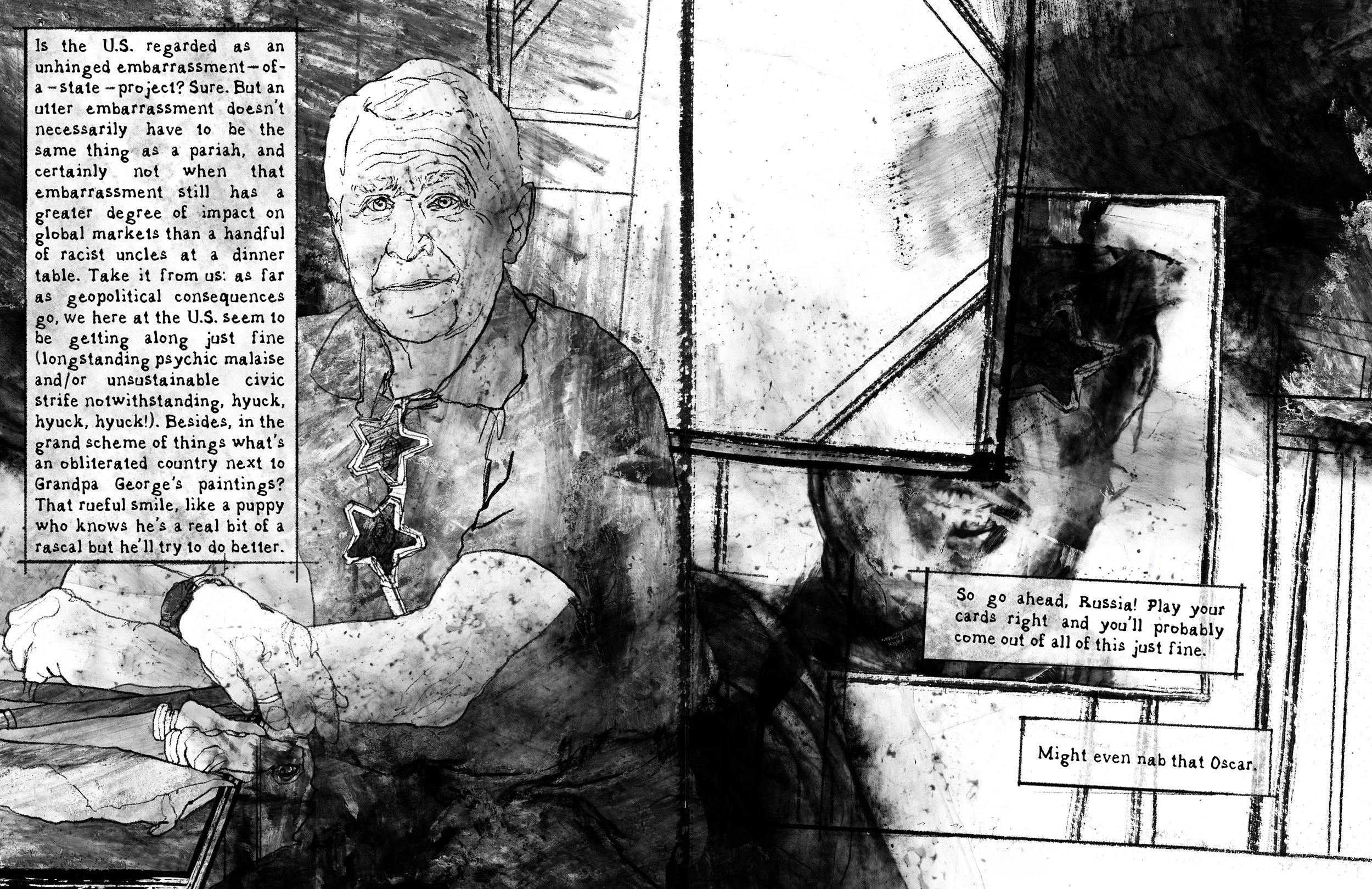 Alt Text: Image spread across both pages. On left side of left page is text box. Spread is drawn scene of George W. Bush seated in his painting studio, arms crossed, smiling kindly. On right page, partially visible canvas shows a smiling, but disturb