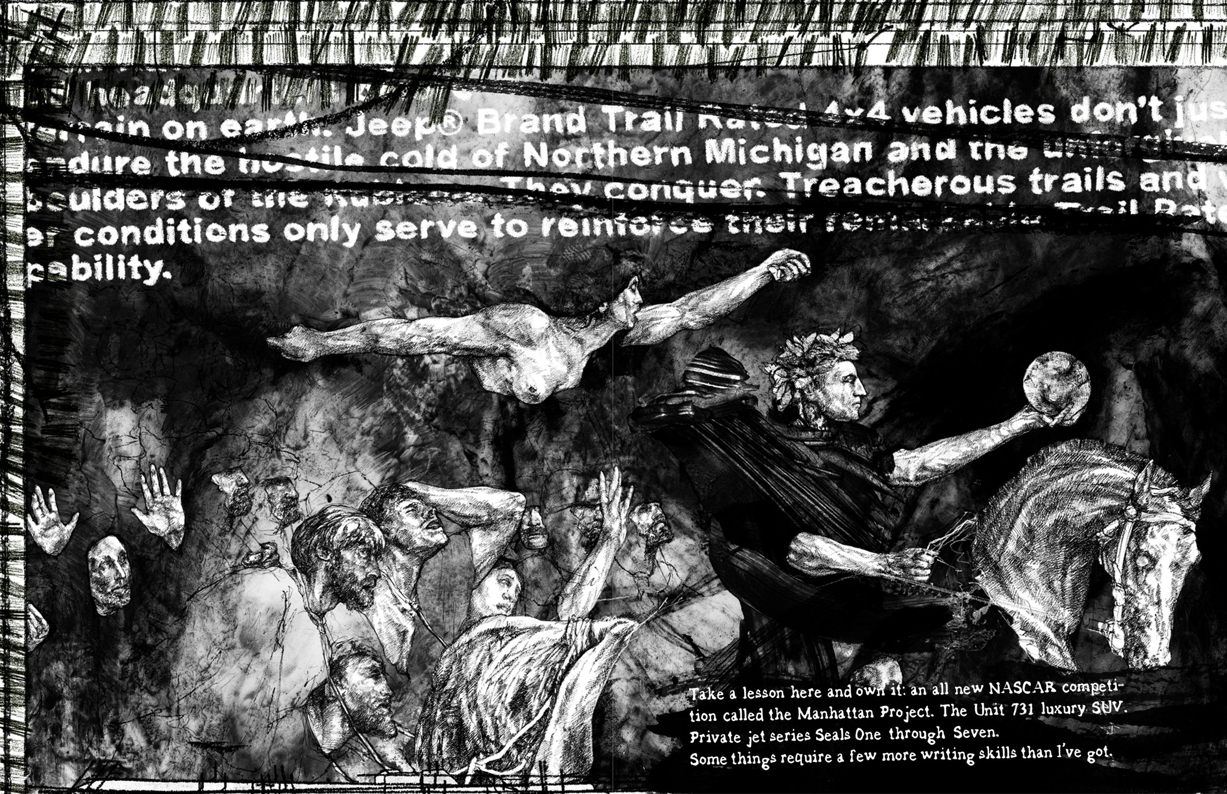 Alt Text: Spread dominated by now-visible image obscured in prior spreads, a large graphite and ink reproduction of Adolph Yvon's "Caesar Crossing the Rubicon," but seemingly even more foreboding/apocalyptic. Sprawling across the canvas above a ghost