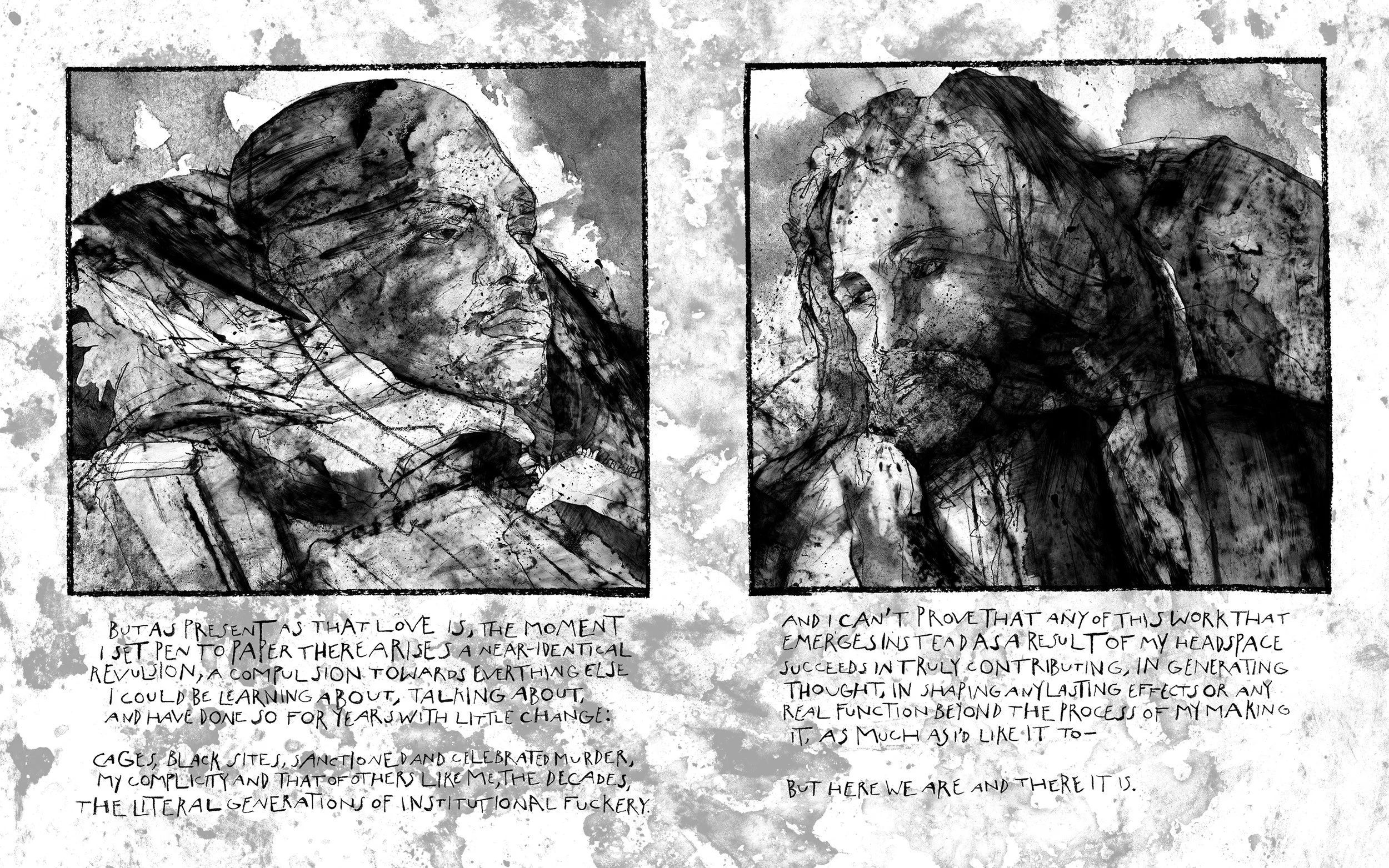 Alt Text: Left page, single large frame, containing drawing of Keith David, wearing a heavy winter coat, looking both exhausted and suspicious to the right. Right page, same setup, with large frame containing drawing of Kurt Russell, also exhausted a