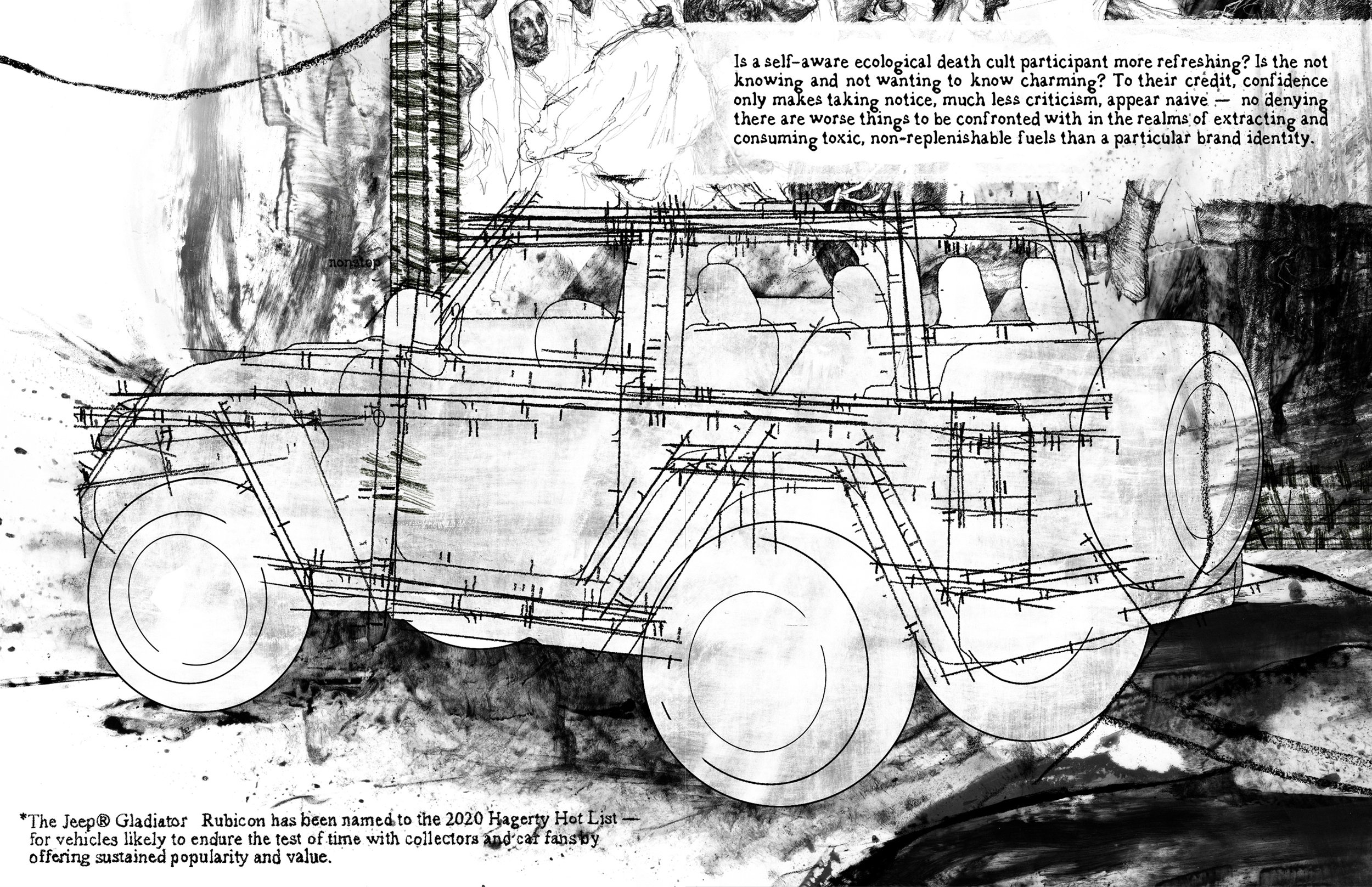 Alt Text: Spread dominated by technical line drawing of Jeep Rubicon. Underneath the wheels is splattered ink and paint, and barely visible behind the vehicle is part of a large image, a drawing depicting what appears to be a panicking or distraught