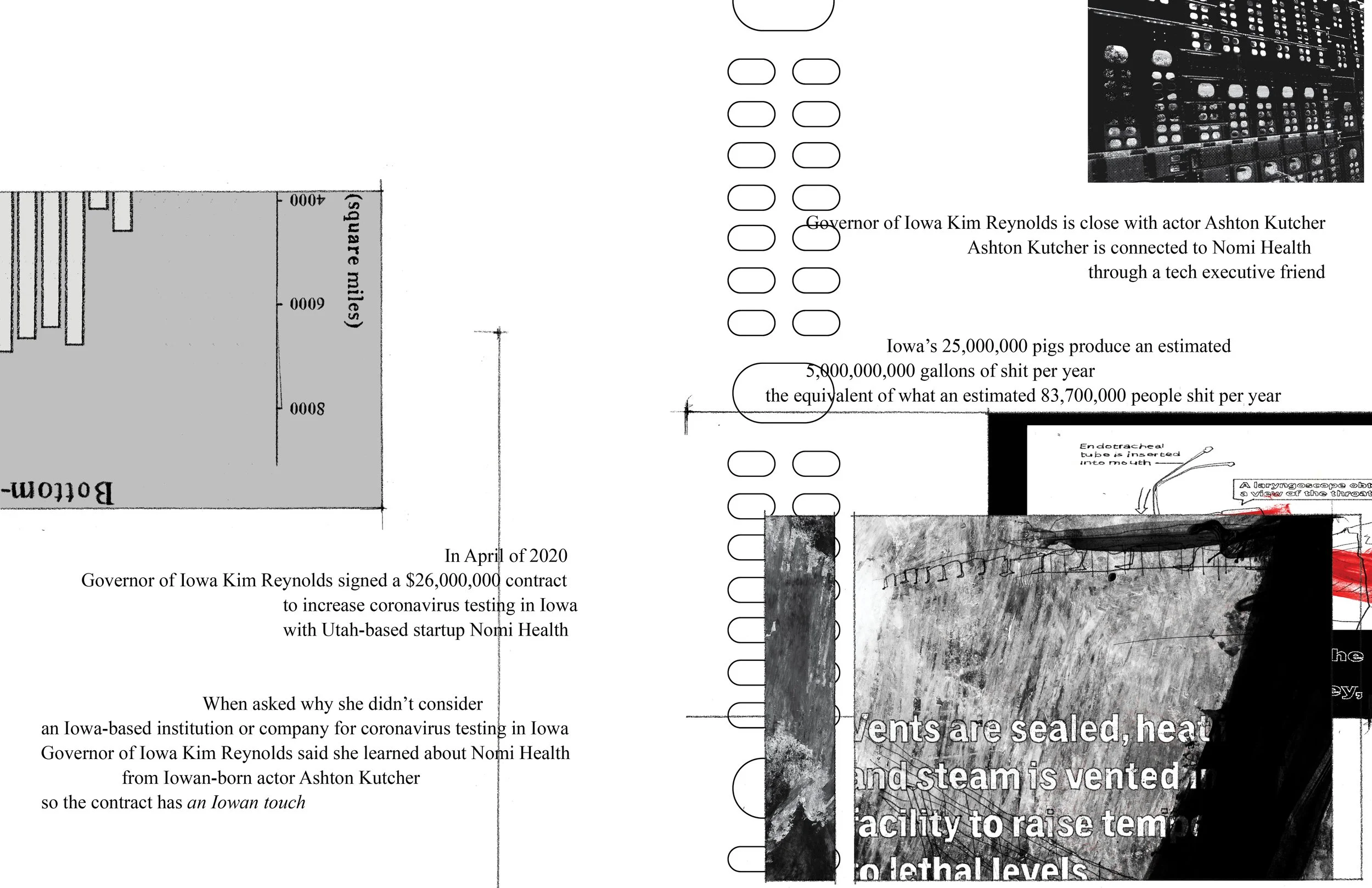 Alt Text: Left page, remaining view of water hypoxia graph continues from last spread. Right page, in addition to repeated elements (oval pattern and photo in upper right corner) is larger frame on bottom half of page, depicting a drawing of some sor