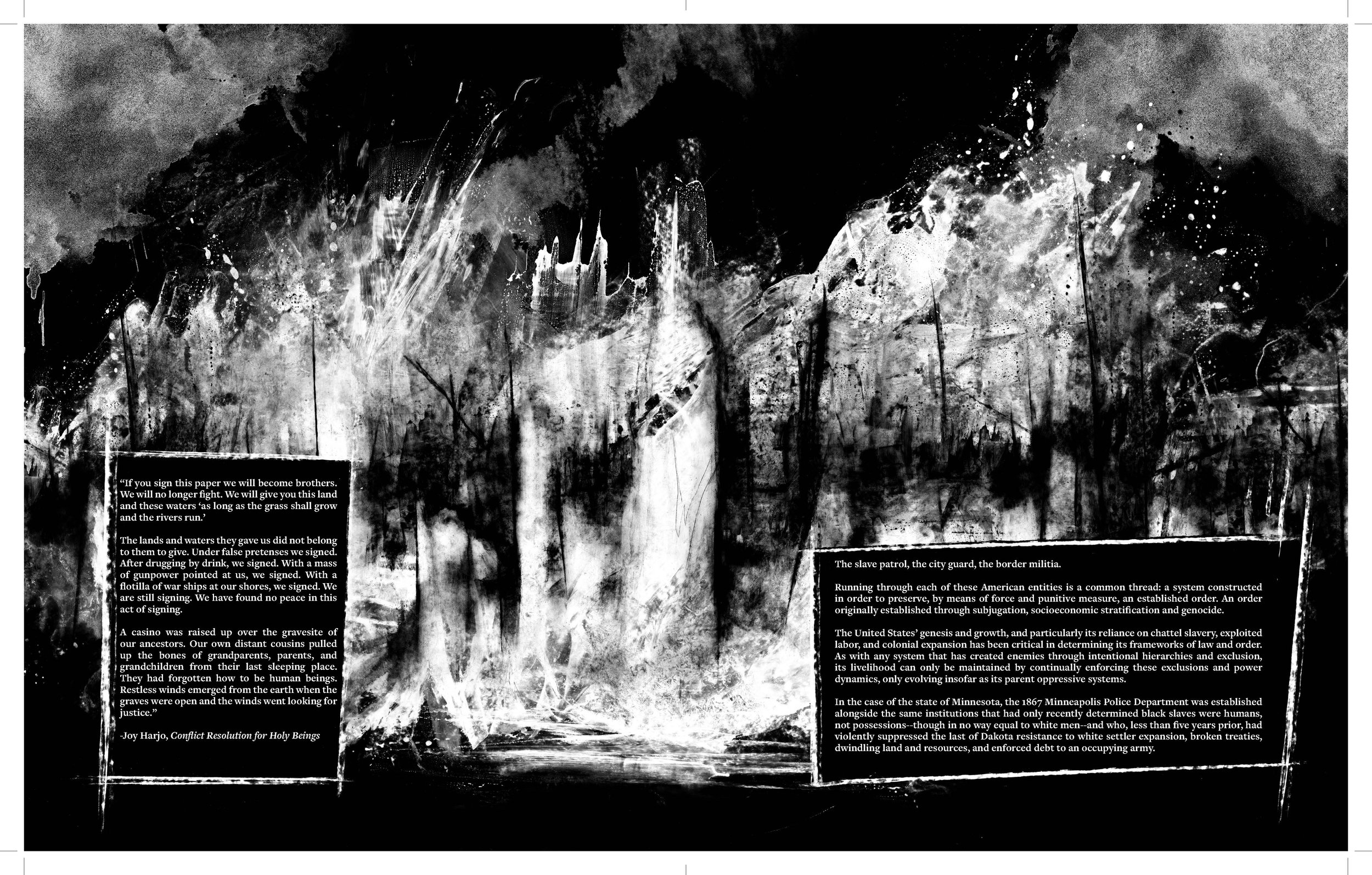 Alt Text: Full page spread. A burning expanse of forest is in view, fire, sparks, and smoke leaping into a darkened sky.